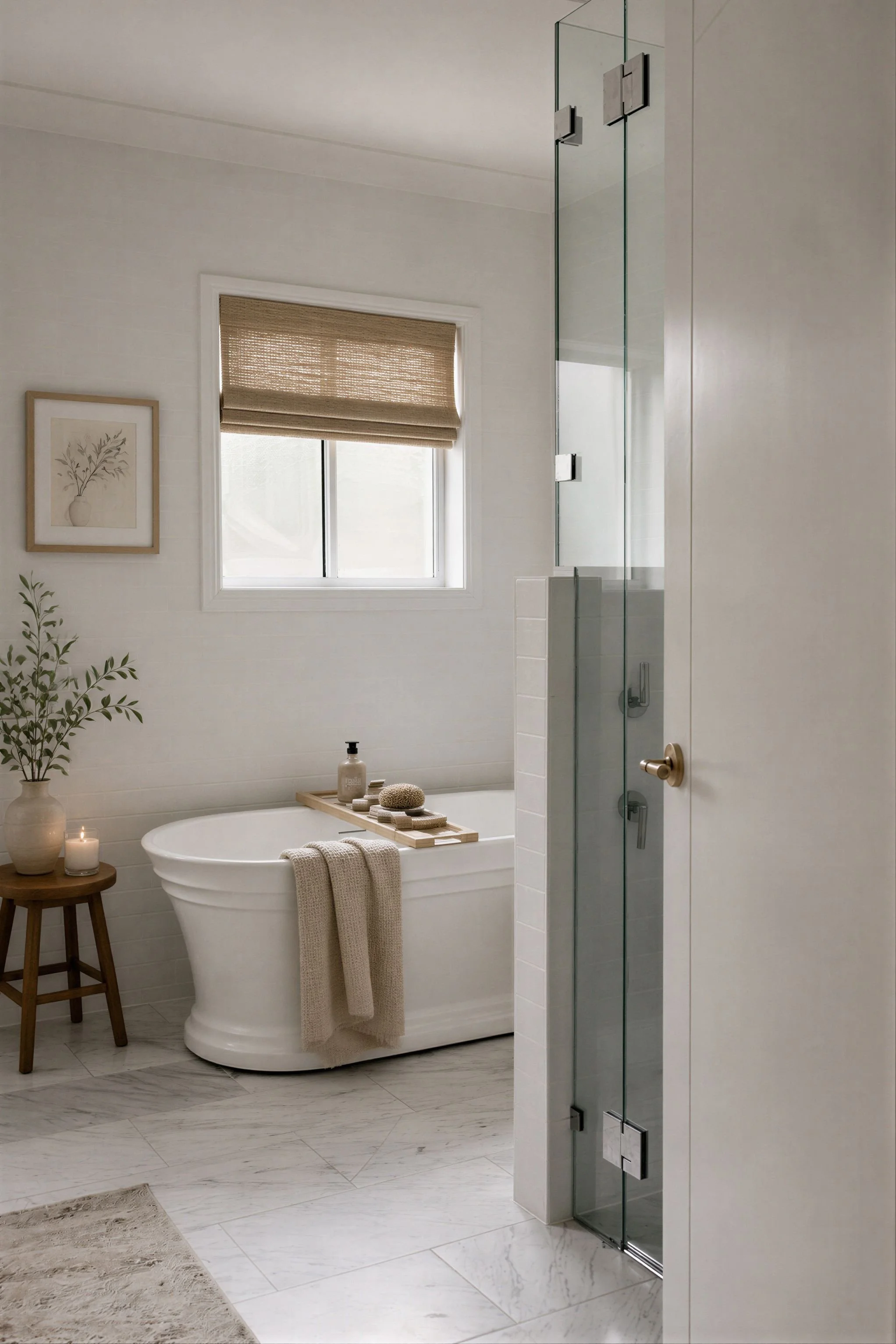 Oak & Olive Homes interior design featuring a serene luxury bathroom with a freestanding white bathtub, glass shower, marble floor tile, woven Roman shade, warm wood accents, and spa-inspired neutral décor. Elegant modern bathroom design with natural