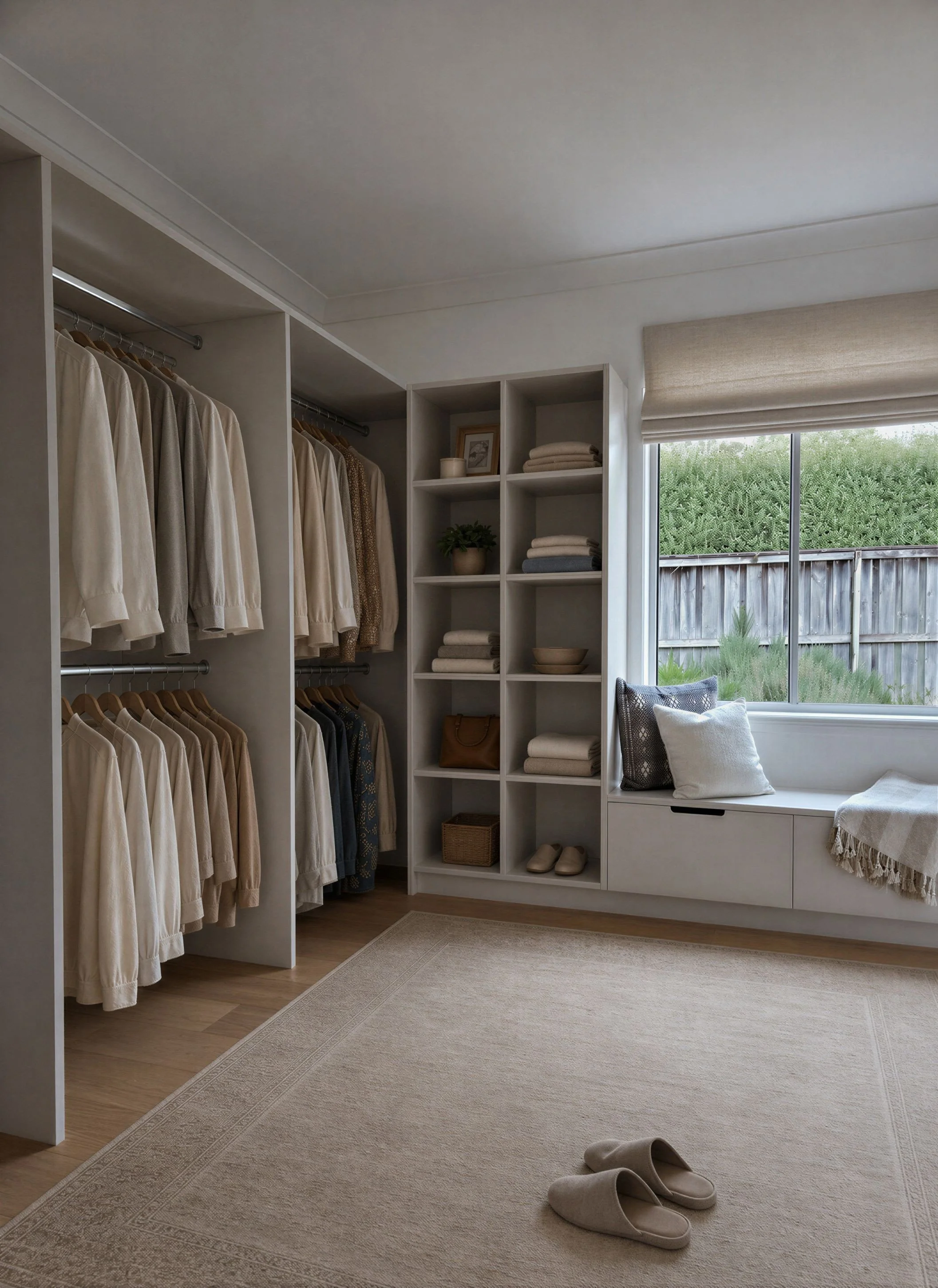 Oak & Olive Homes walk-in wardrobe design featuring custom built-in closet storage, neutral-toned hanging clothes, open shelving, and a cozy window bench with soft textiles. This serene luxury dressing room blends natural light, warm wood flooring, b