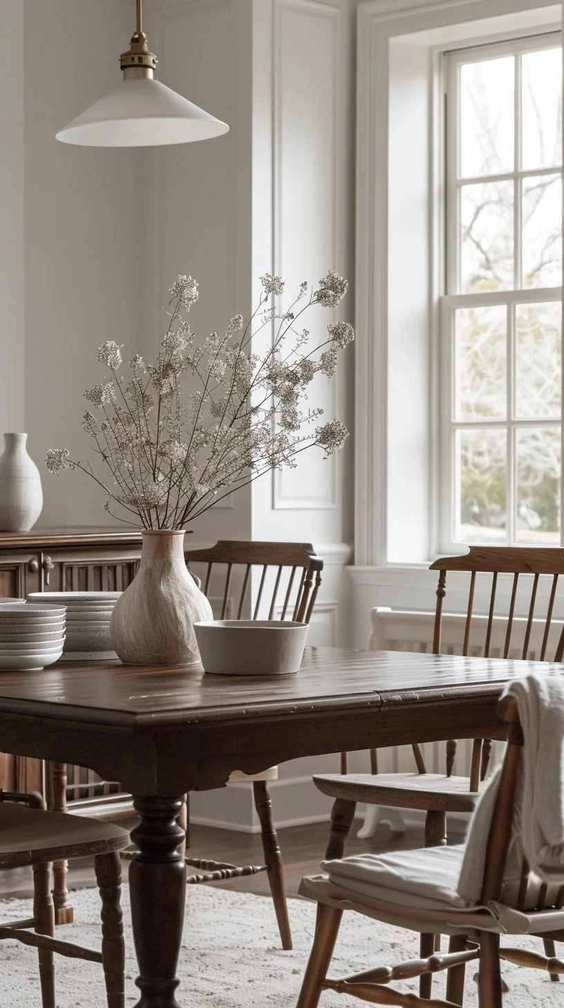 Cozy farmhouse dining room with a wooden table, spindle-back chairs, and a ceramic vase of delicate white baby's breath as a centerpiece. Soft natural light filters through large windows, highlighting neutral dishware and classic panel walls.