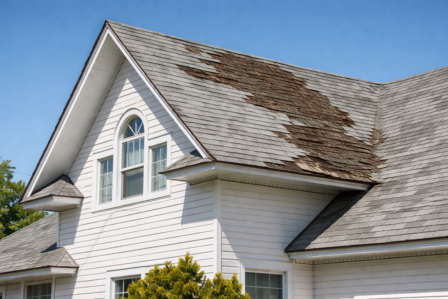 Damaged roof tiles on a white country home