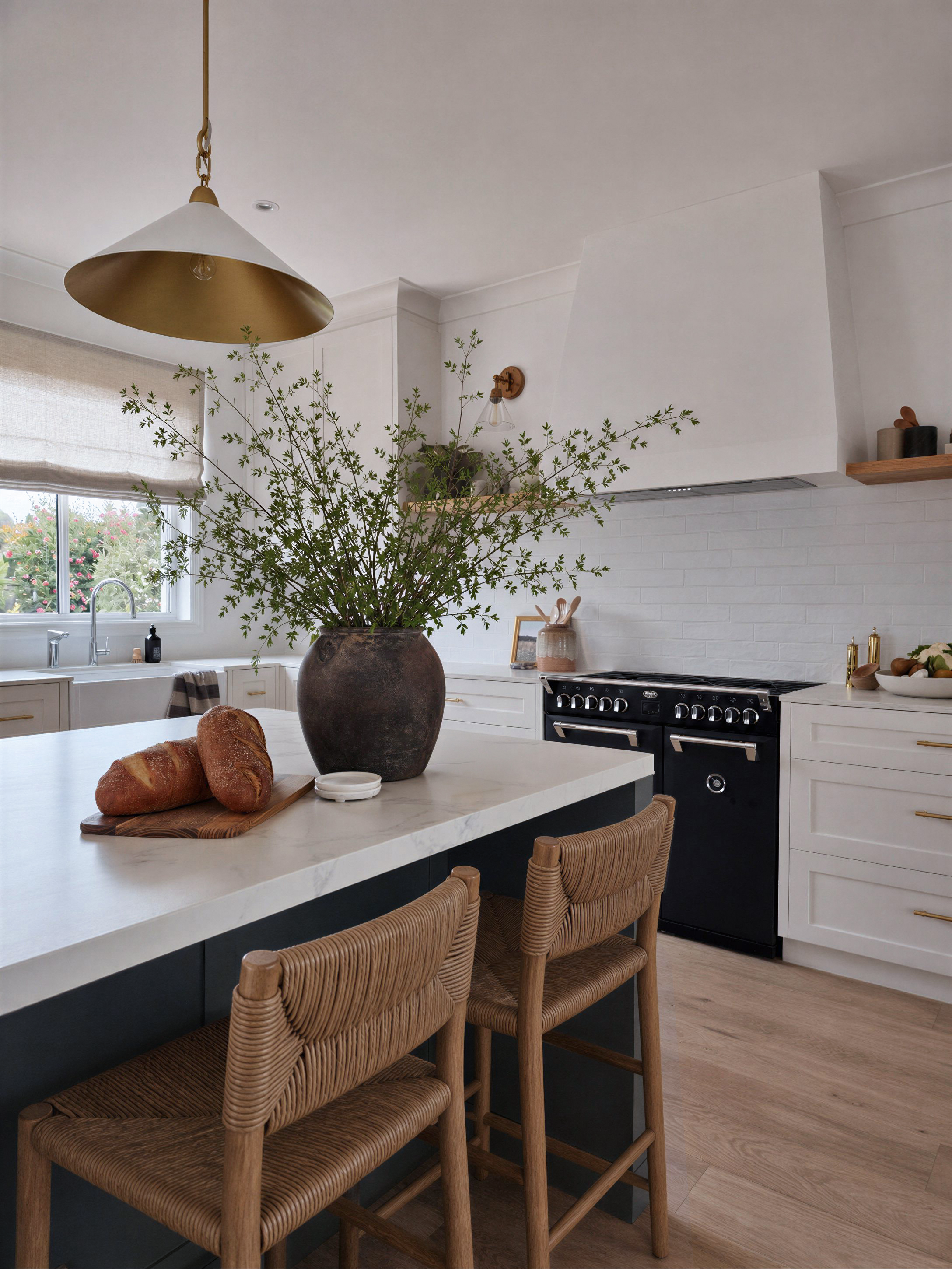 Oak & Olive Homes interior design showcasing a bright modern farmhouse kitchen with white cabinetry, brass pendant lighting, dark island, woven counter stools, natural wood floors, and organic greenery. Elegant neutral kitchen renovation with timeles