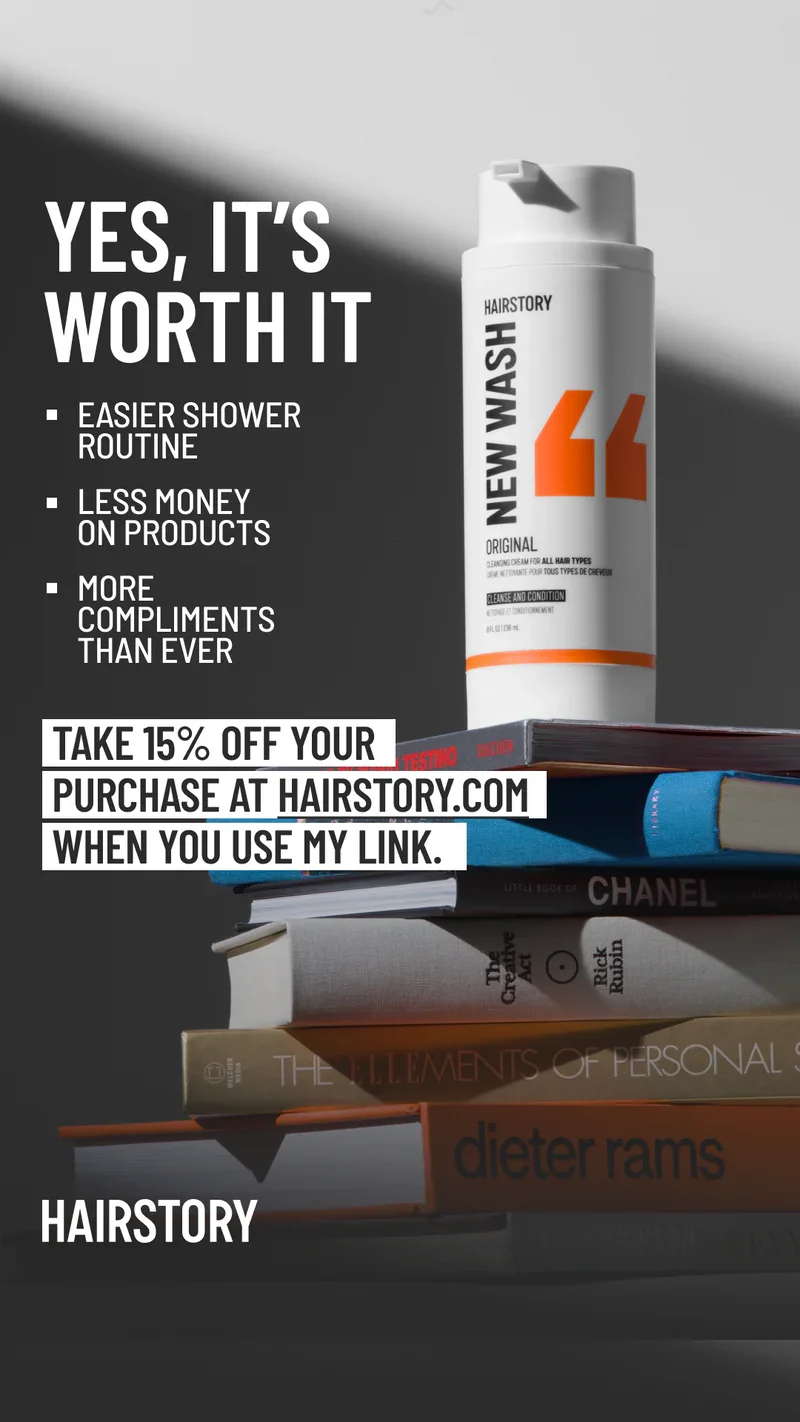 Advertisement for Hairstory New Wash, highlighting benefits such as easier shower routine, less money on products, and more compliments. Includes a promotion for 15% off at hairstory.com with a special link, showing stacked books with the product on top.