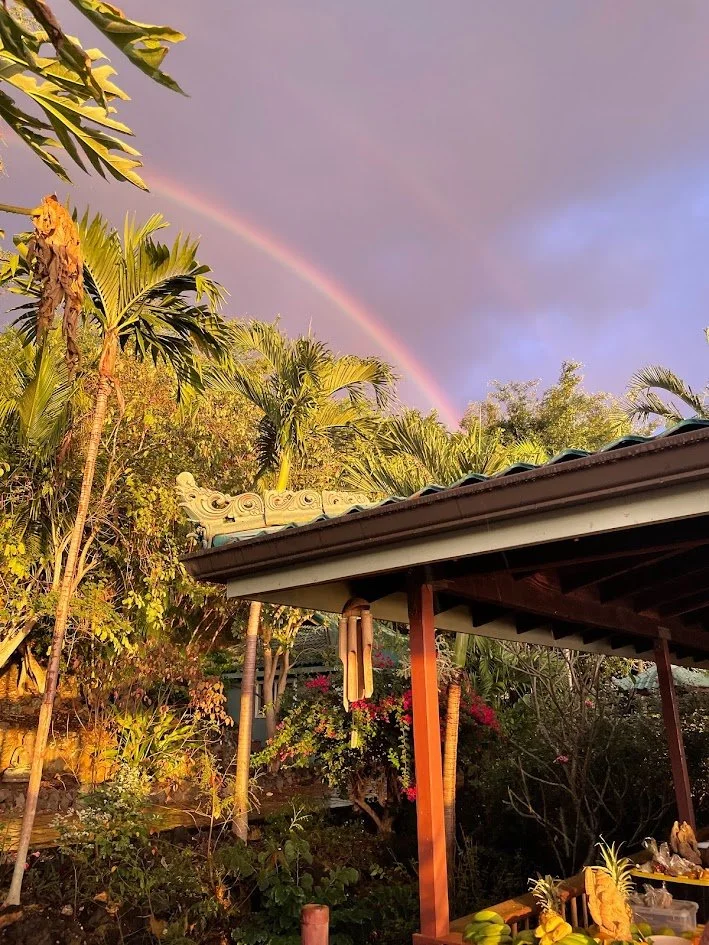 Rainbow arching over tropical trees and plants behind a house with a traditional Asian-style roof and hanging wind chimes.