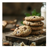 Stack of chocolate chip cookies on a wooden board with milk and greenery in the background.