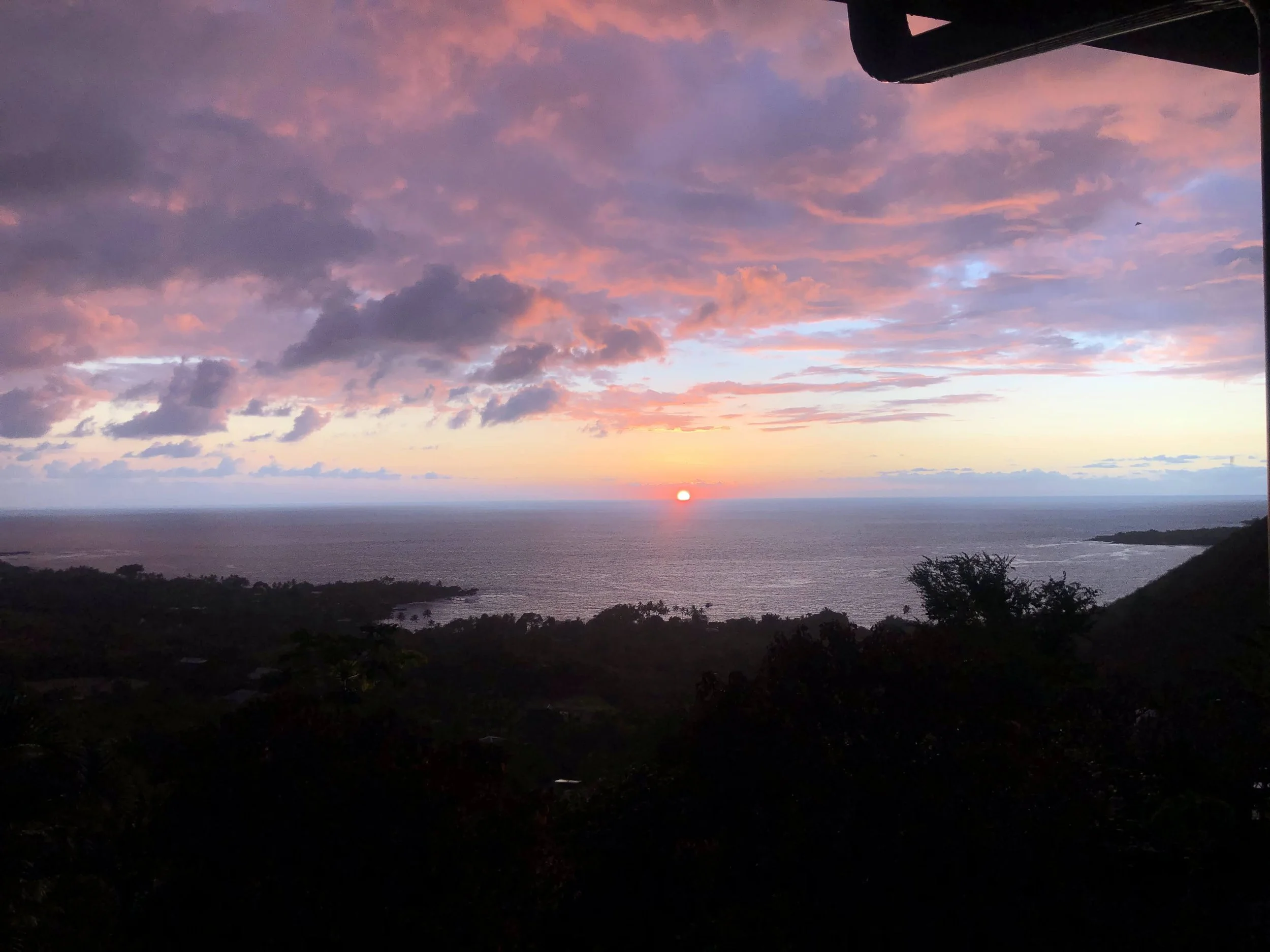 A sunset over the ocean with a pink and purple sky and some clouds. There are dark silhouettes of trees and land in the foreground.