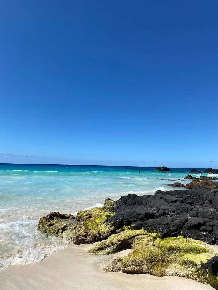 Tropical beach with white sand, black rocks covered in green moss, turquoise water, and a clear blue sky.