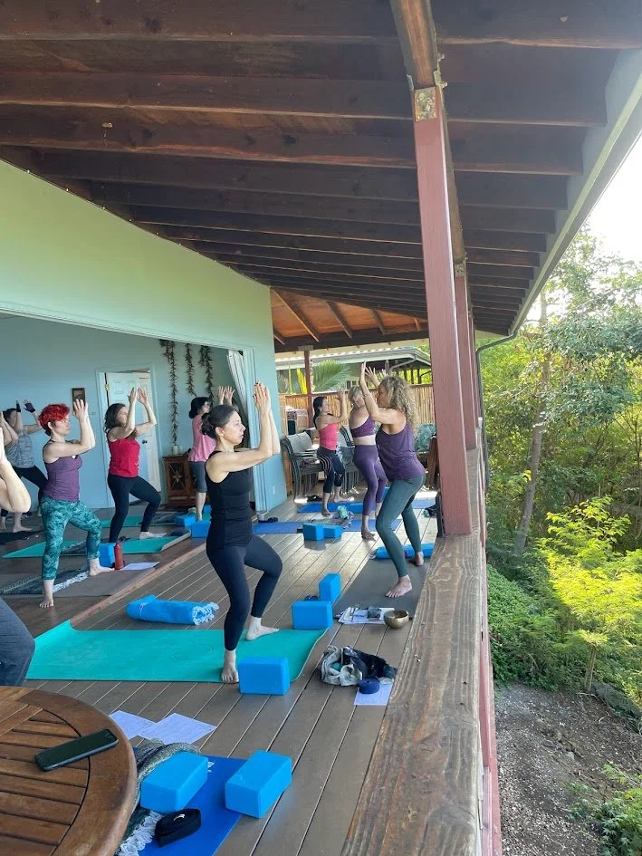 A group of women participating in a yoga class on a wooden porch surrounded by trees, with yoga mats and blocks.