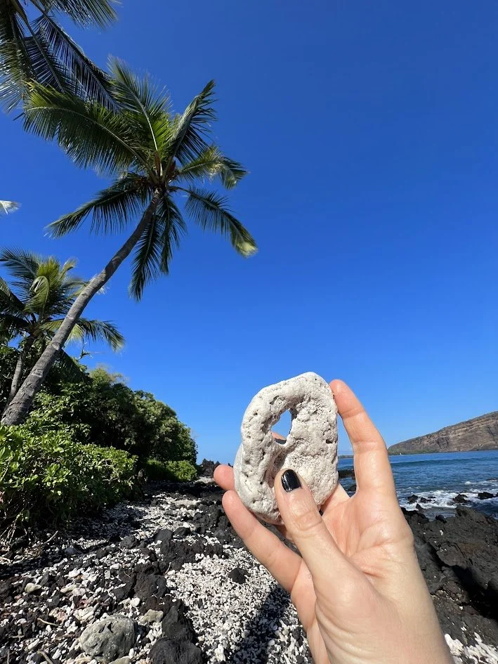 A person's hand holding a white, rocky ring-shaped object on a tropical beach with palm trees, a rocky shoreline, and a clear blue sky in the background.