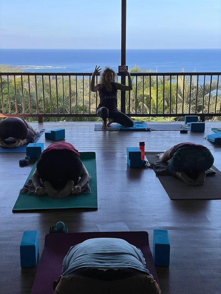 A group of people participating in a yoga class on mats with blocks in front of a large window overlooking the ocean and greenery during daytime.