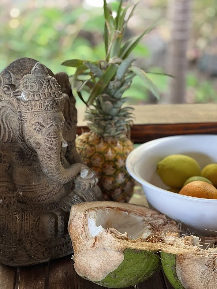 A small stone elephant figurine, a pineapple, a half coconut with its shell, a white bowl with green apples and oranges, on a wooden surface with a blurry outdoor background.