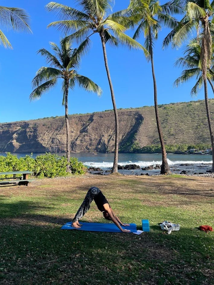 Person practicing yoga in downward dog pose on a blue mat outdoors near a beach with palm trees, green bushes, rocky shoreline, and a hill in the background on a sunny day.