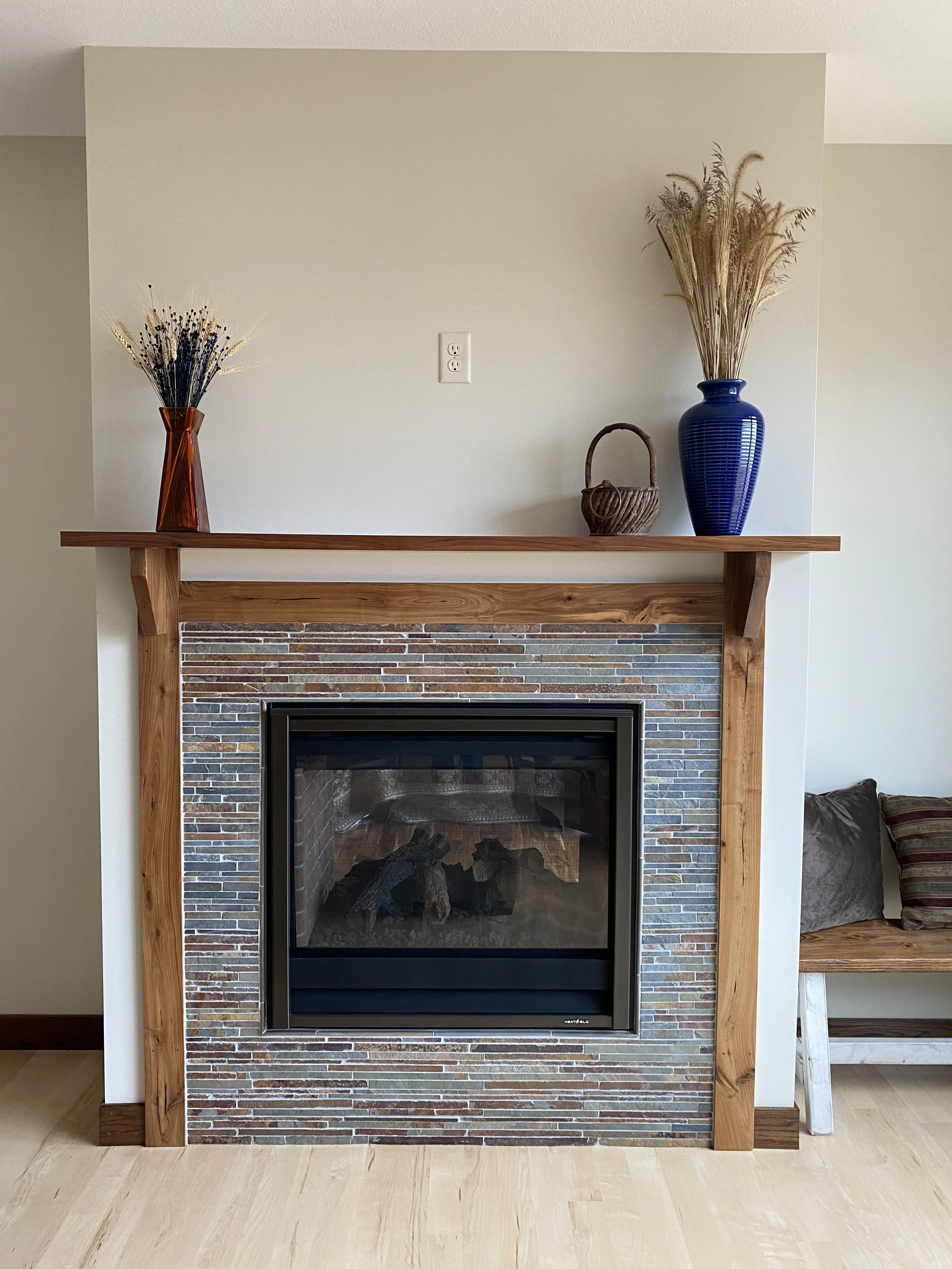 Gas wall fireplace mantle with tile surround 