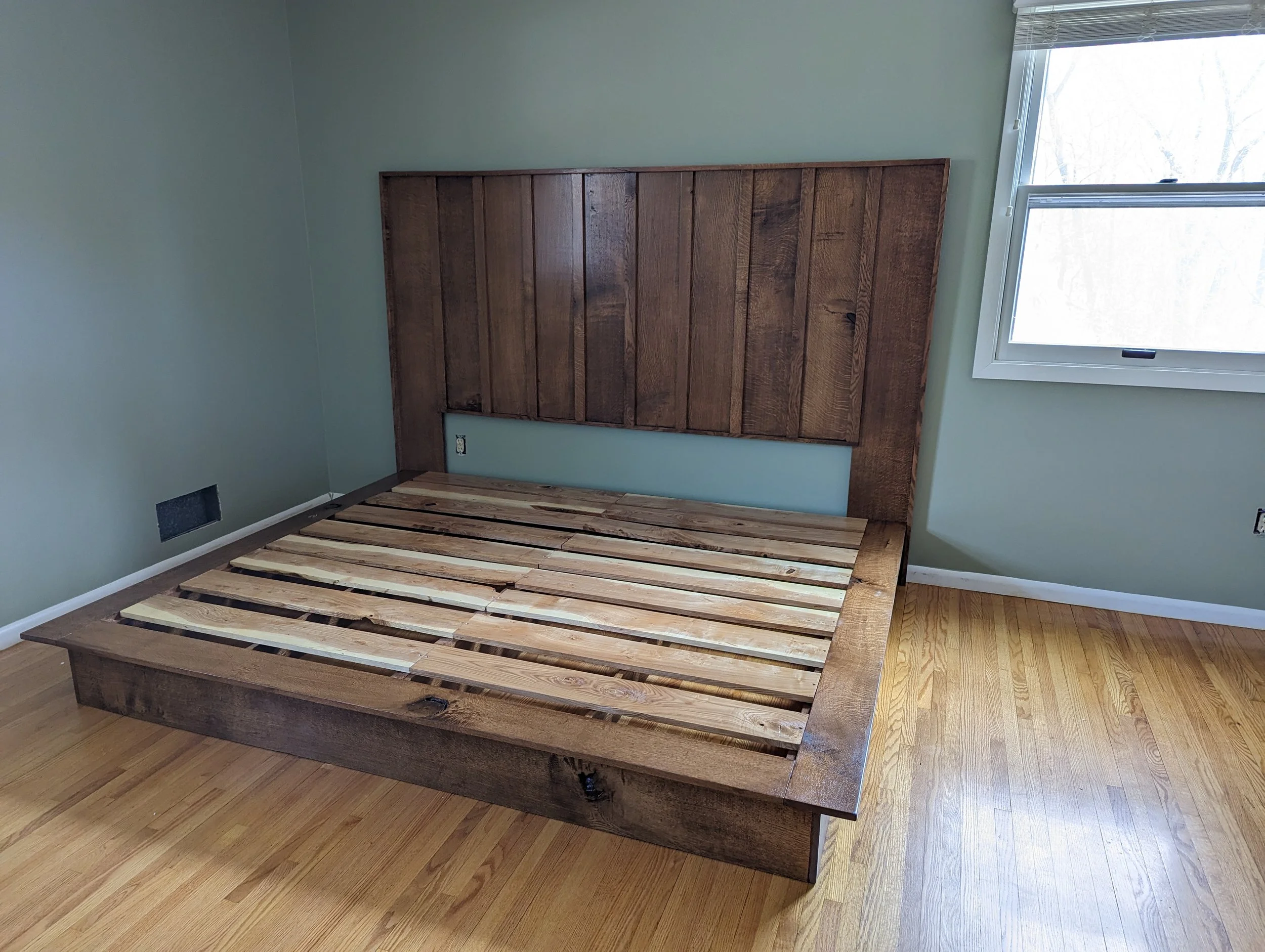 Custom built red oak wood bed frame 