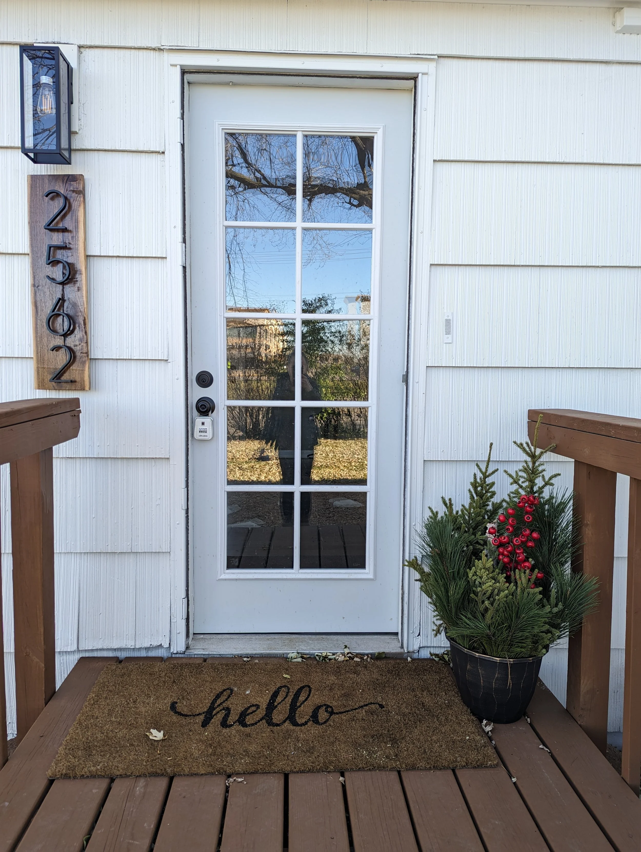 Front door replacement, front entry deck and wood address plaque