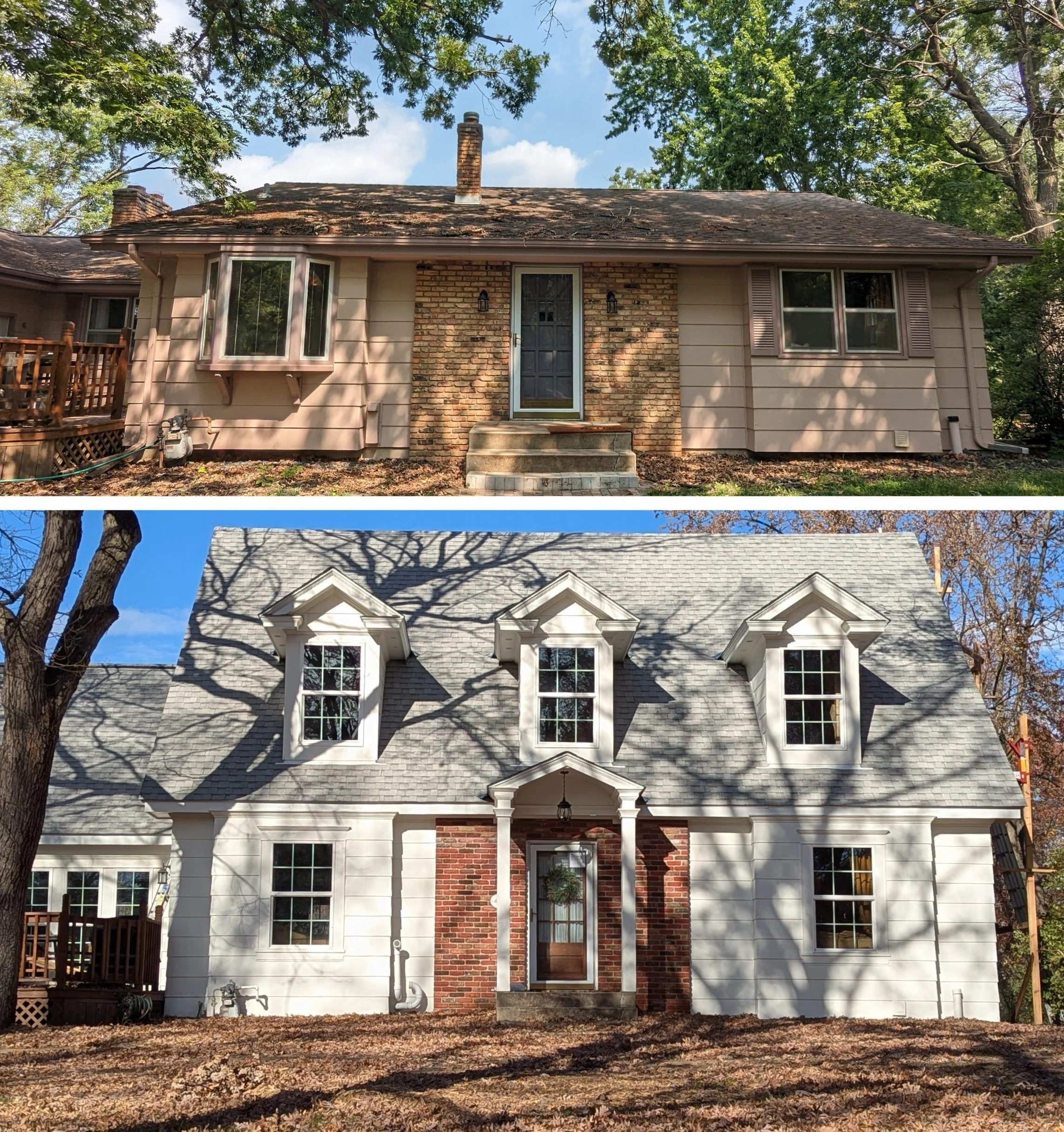 Before and after whole-house renovation with new second story and updated exterior with dormers