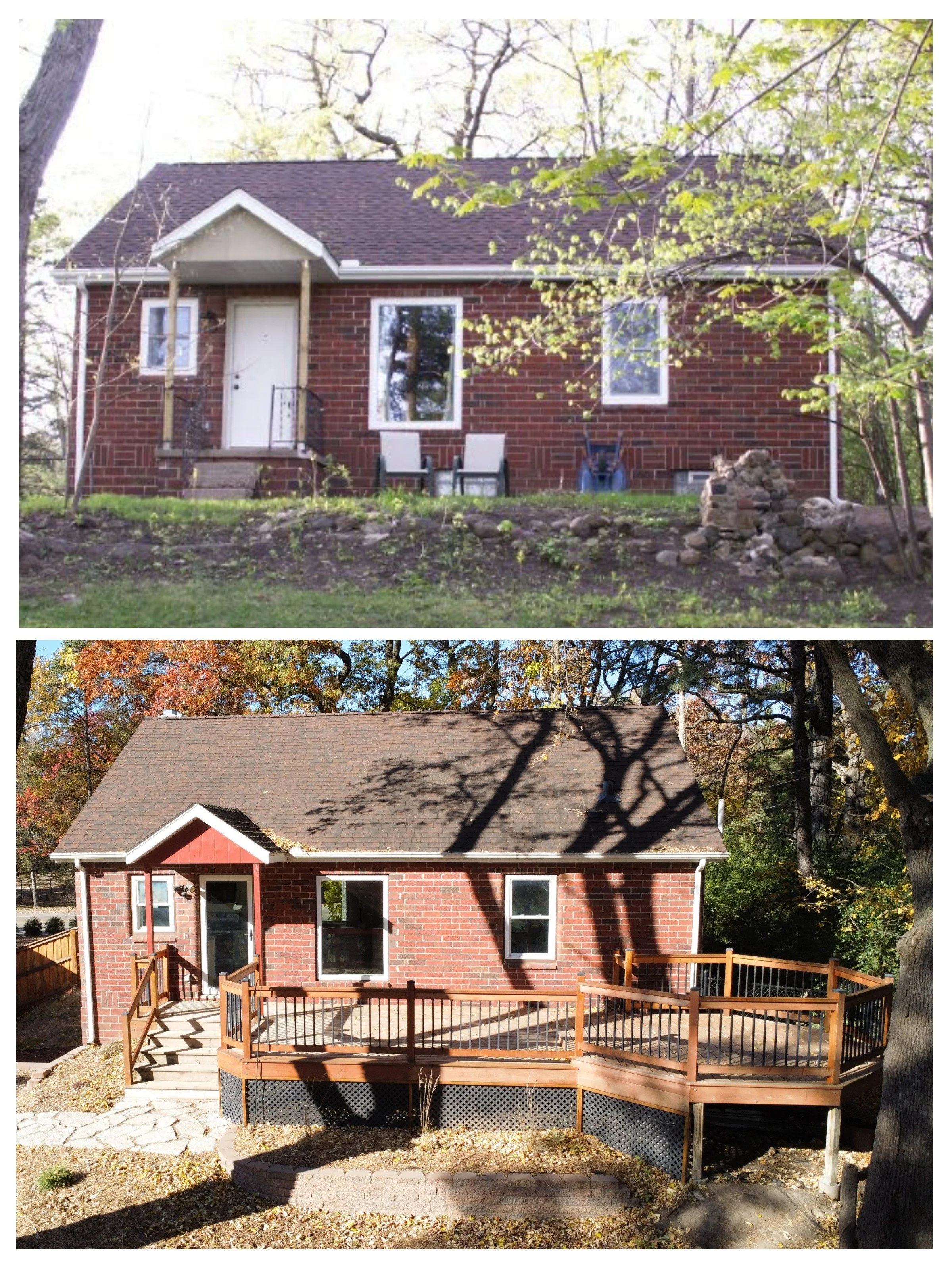 Before and after exterior remodel with new wood deck and updated back entry in Oakdale MN