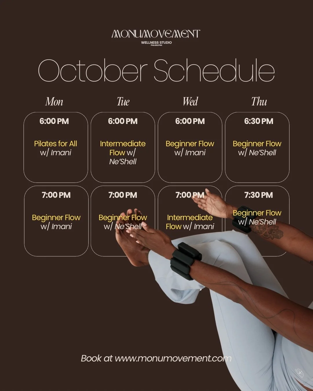 It&rsquo;s finally fall 🍂🍁 The MonuMovement October schedule is officially live for non-members!

October Events:

- Sun 10/4: MonuMovement x @growingfields.therapygroup Wellness Event 🧘🏾📝😌

- Sat 10/10: Mommy &amp; Me Pilates is back for our m