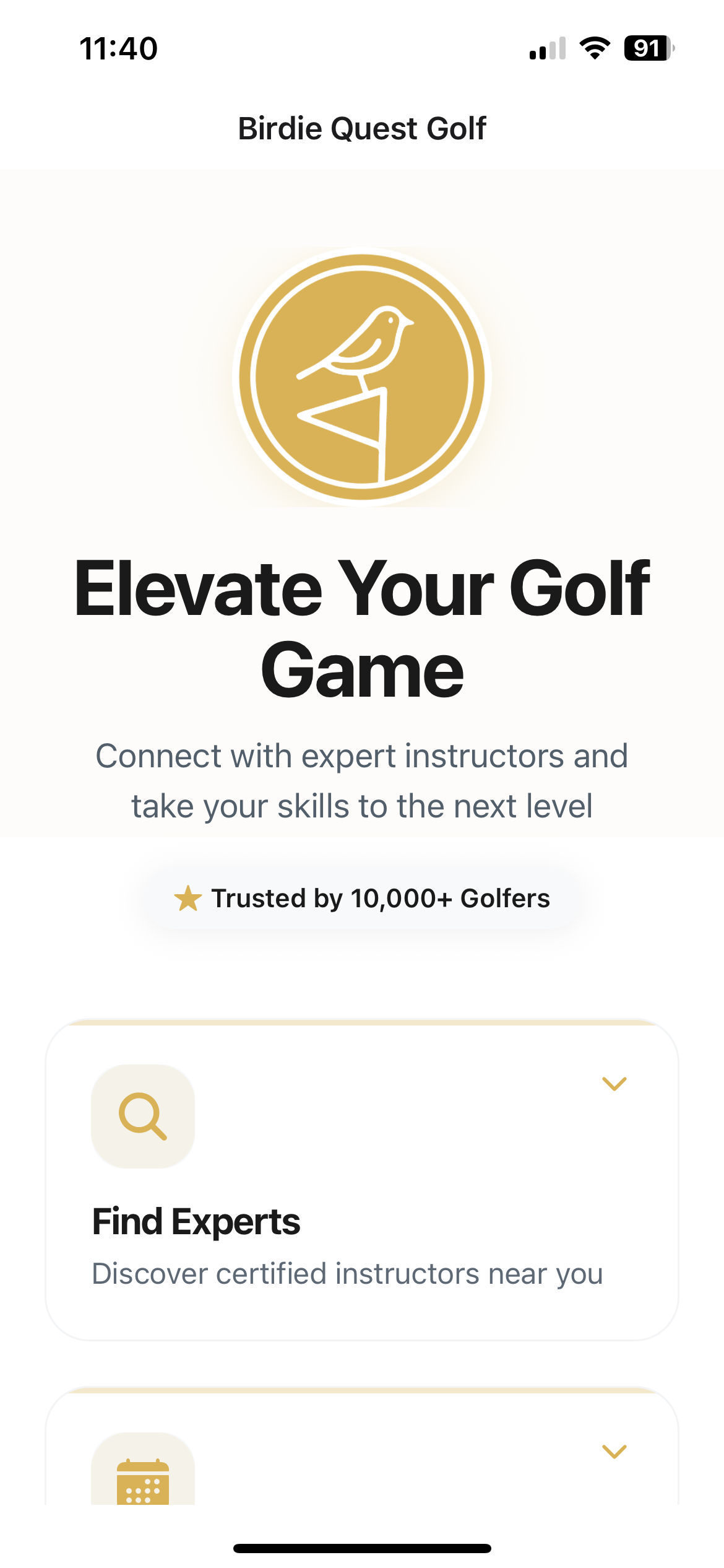 Mobile app screen with the logo of Birdie Quest Golf featuring a bird and golf flag, and text promoting golf skill improvement through expert instructors.