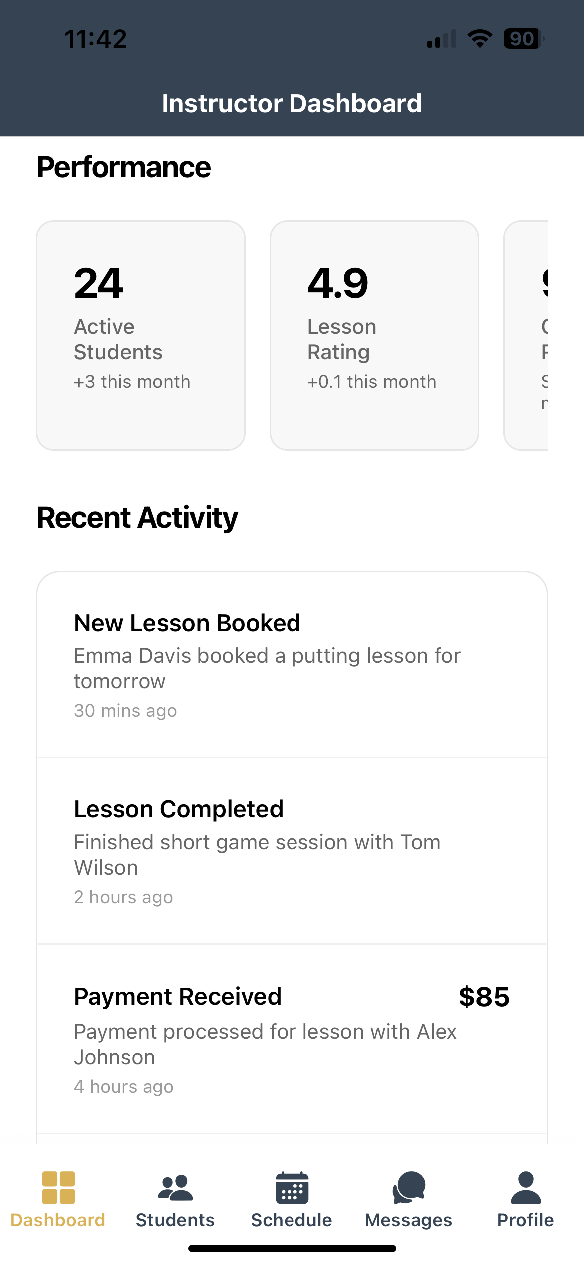 Instructor dashboard displaying performance metrics, recent activity including new lesson bookings, lesson completions, and payments, with navigation menu at the bottom.