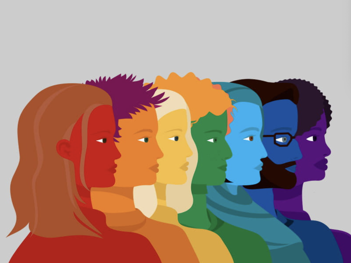 A colorful illustration showing seven diverse women's profiles in different colors, representing diversity and inclusion.