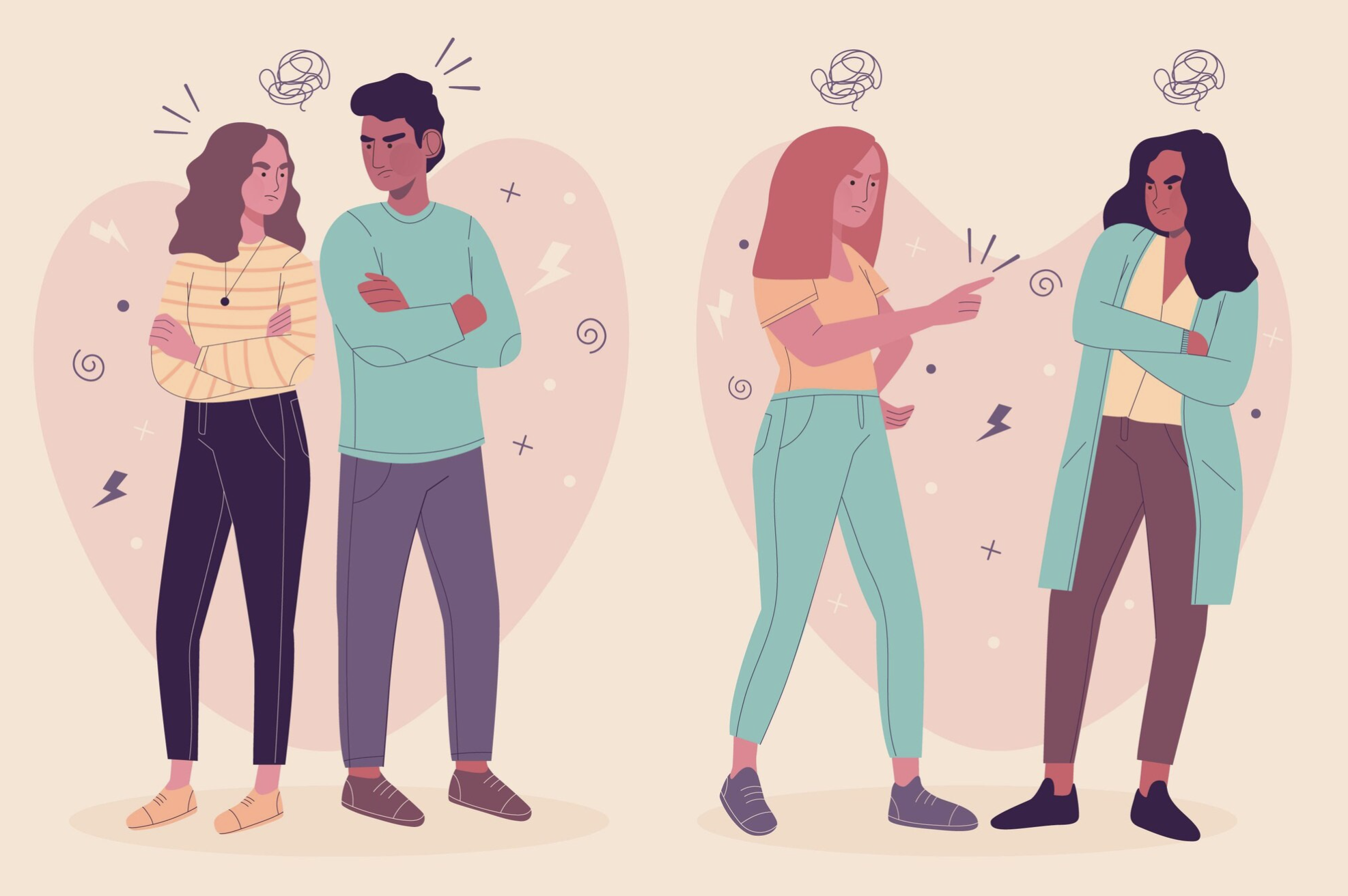 Illustration of two pairs of women arguing, with angry expressions and crossed arms, separated by backgrounds with scribbles and symbols indicating frustration.