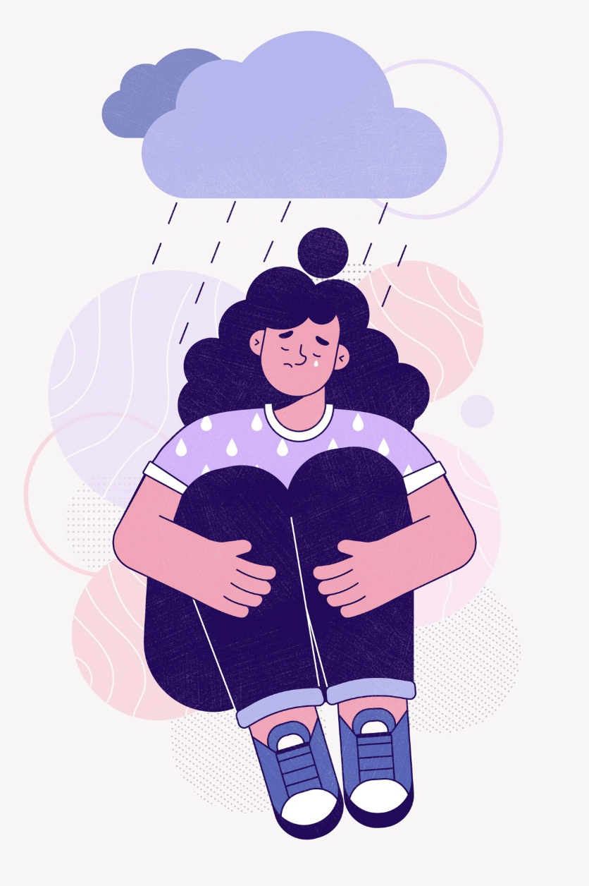 Illustration of a girl sitting with her knees pulled up, looking sad with tears, under a dark rain cloud with rain falling.