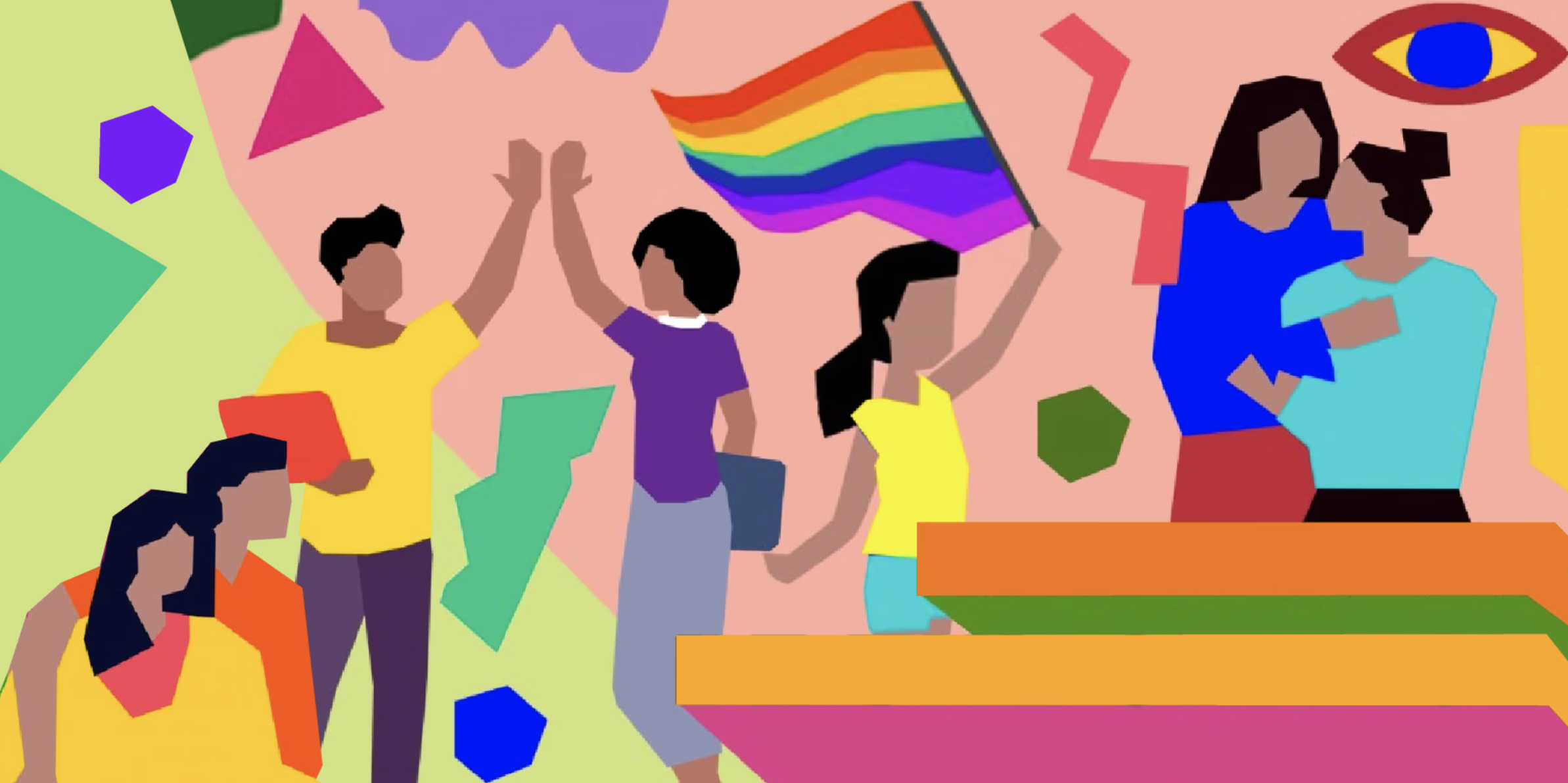 Illustration of diverse people celebrating with rainbow-colored flags and symbols for Pride, showing unity and support for LGBTQ+ community.