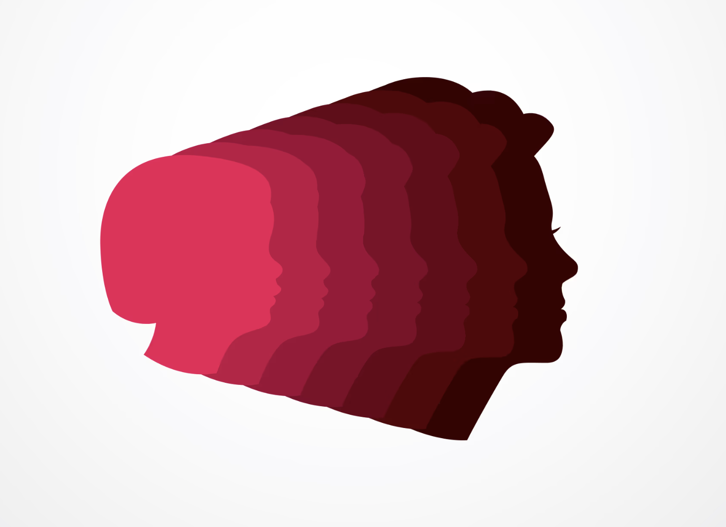 Multiple layered silhouettes of human profiles in shades of pink and dark red, facing right.