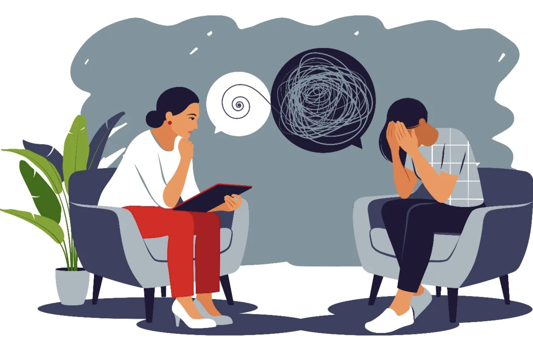 Illustration of a therapy session with two women, one a therapist holding a clipboard and the other a patient covering her face, with tangled speech bubbles depicting confusion or distress.