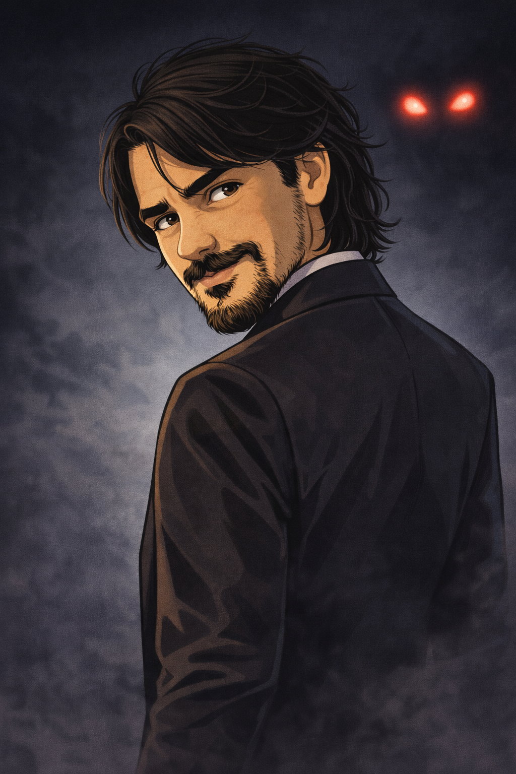 Animated portrait of a man with dark hair and a beard, dressed in a black suit, looking over his shoulder with a confident expression. In the background, glowing red eyes appear in the darkness.