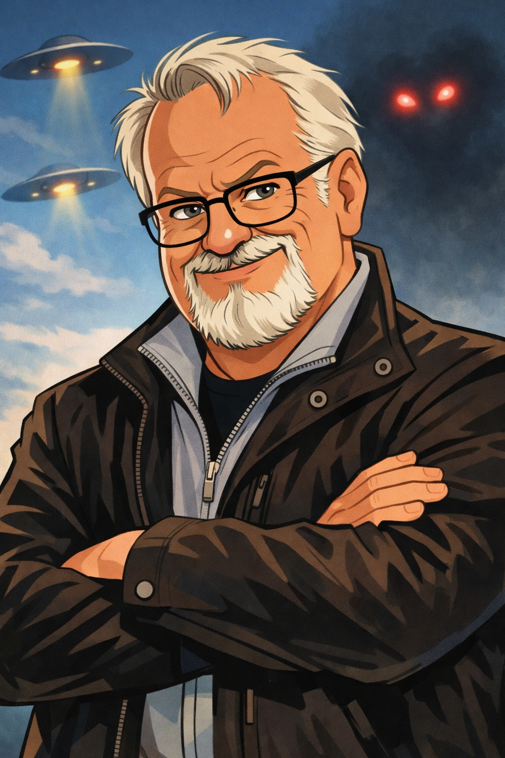 Illustration of a smiling older man with white hair, glasses, and a beard, standing with arms crossed in front of a sky background with UFOs and glowing red eyes.