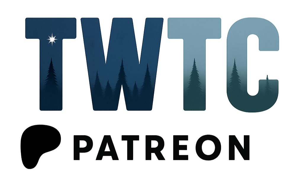 Twitch logo with a forest background and a Patreon logo below it.