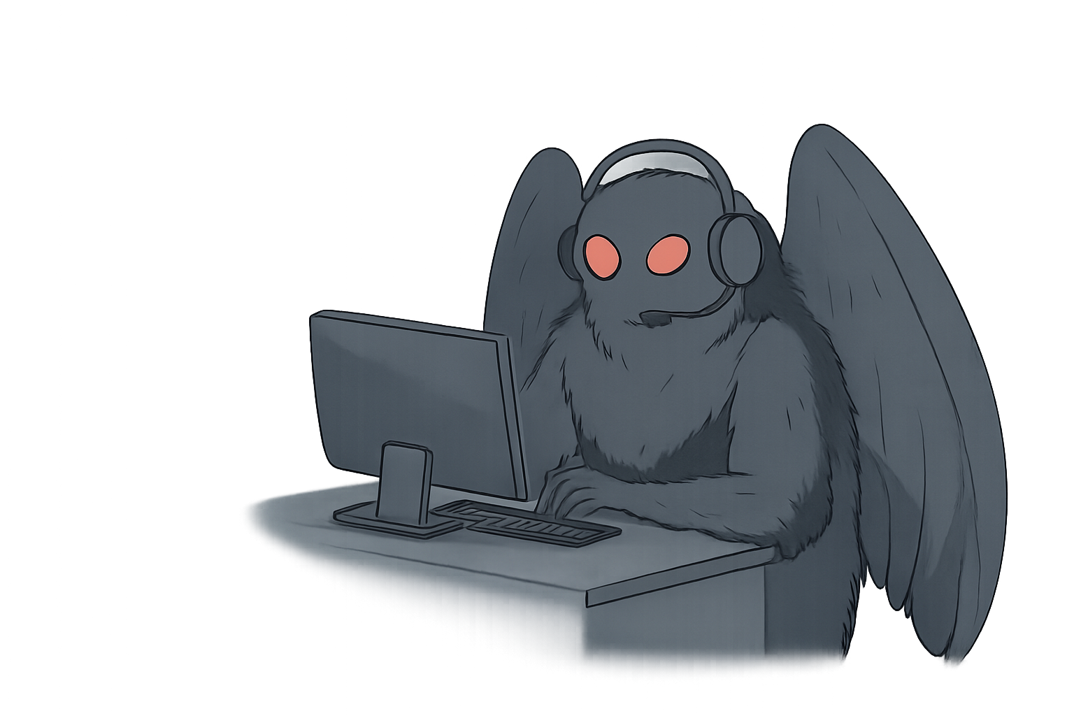 A cartoon drawing of a creature with a bat and owl hybrid appearance, with wings, furry body, and a humanoid posture, sitting at a desk with a computer, wearing a headset.