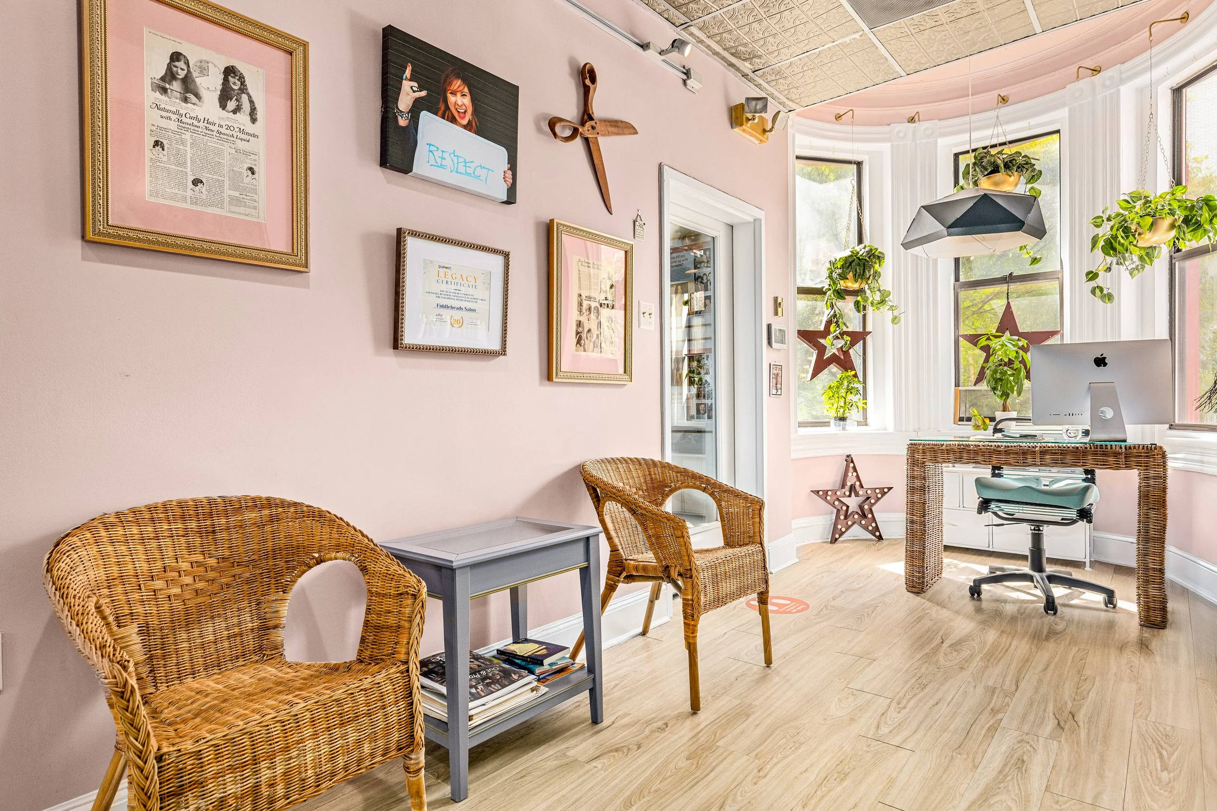 Bright home office with pink walls, decorated with framed artwork, a picture of a woman holding a sign with 'RESPECT', and star-shaped decor. Features a desk with an iMac, surrounded by hanging plants and natural light from large windows.