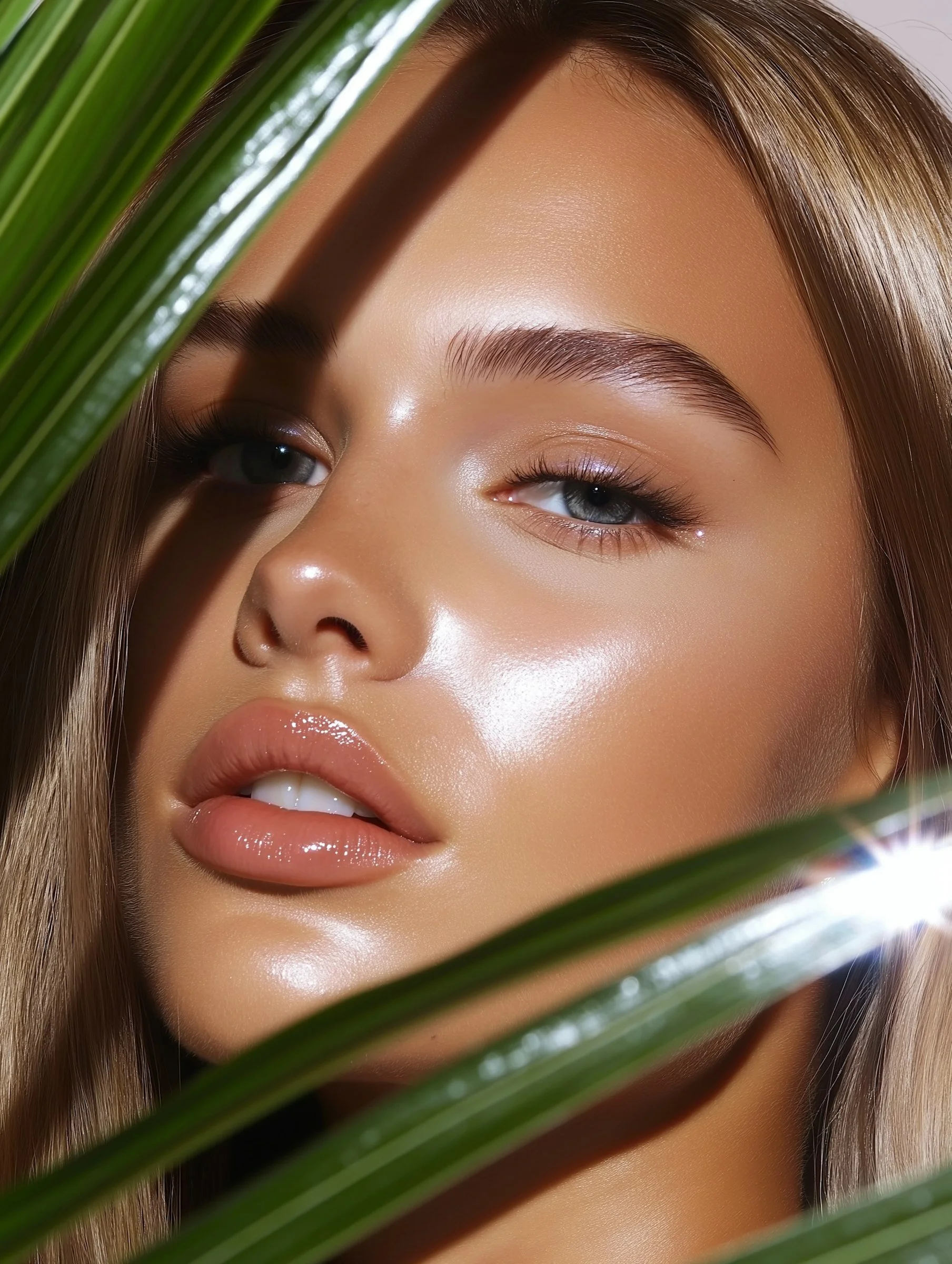 Close-up of a woman with flawless makeup, blue eyes, full lips, and long blonde hair, partially obscured by green leaves.