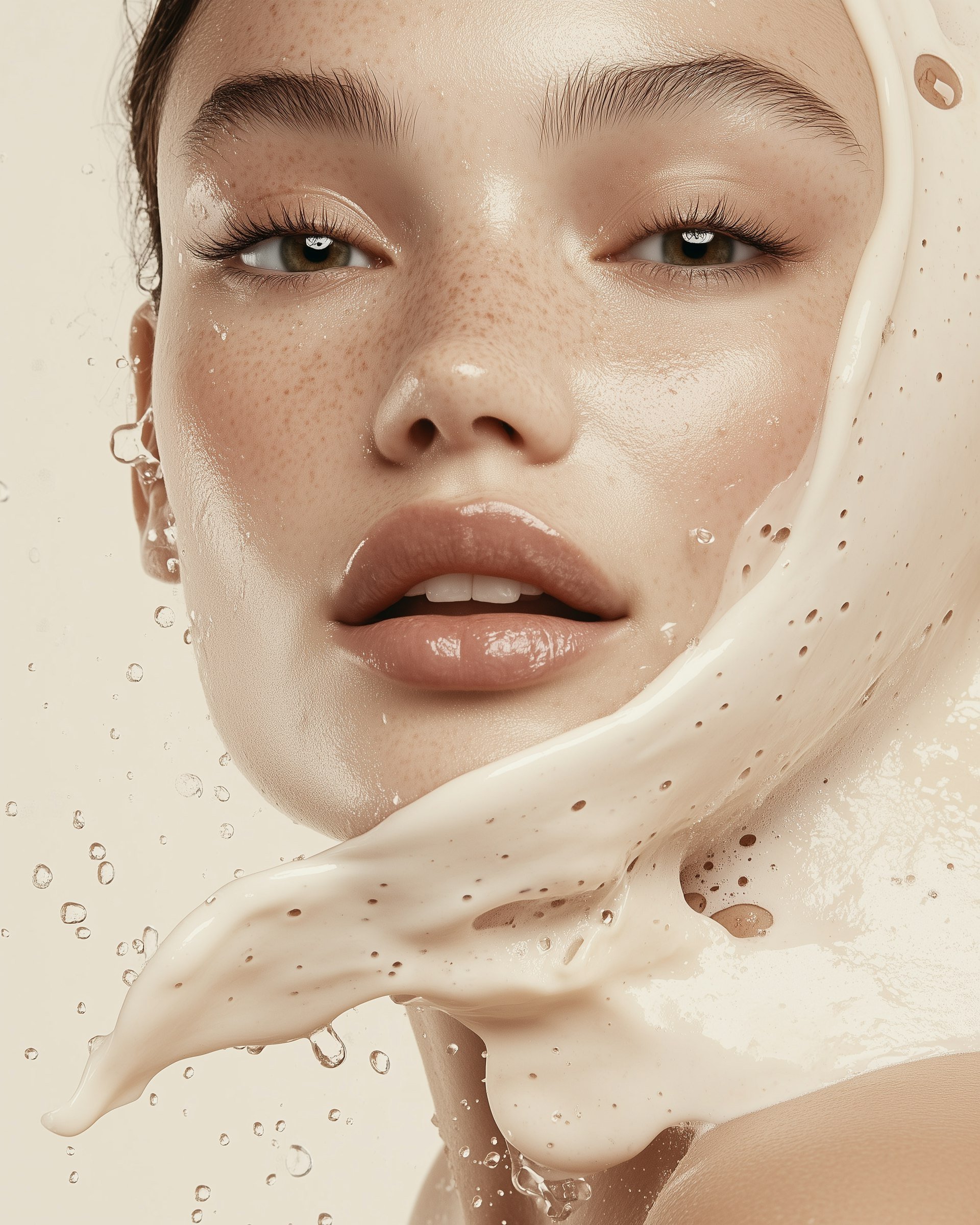 Close-up of a woman with wet skin and freckles, with cream or lotion being poured over her face and shoulder, creating a splash effect.