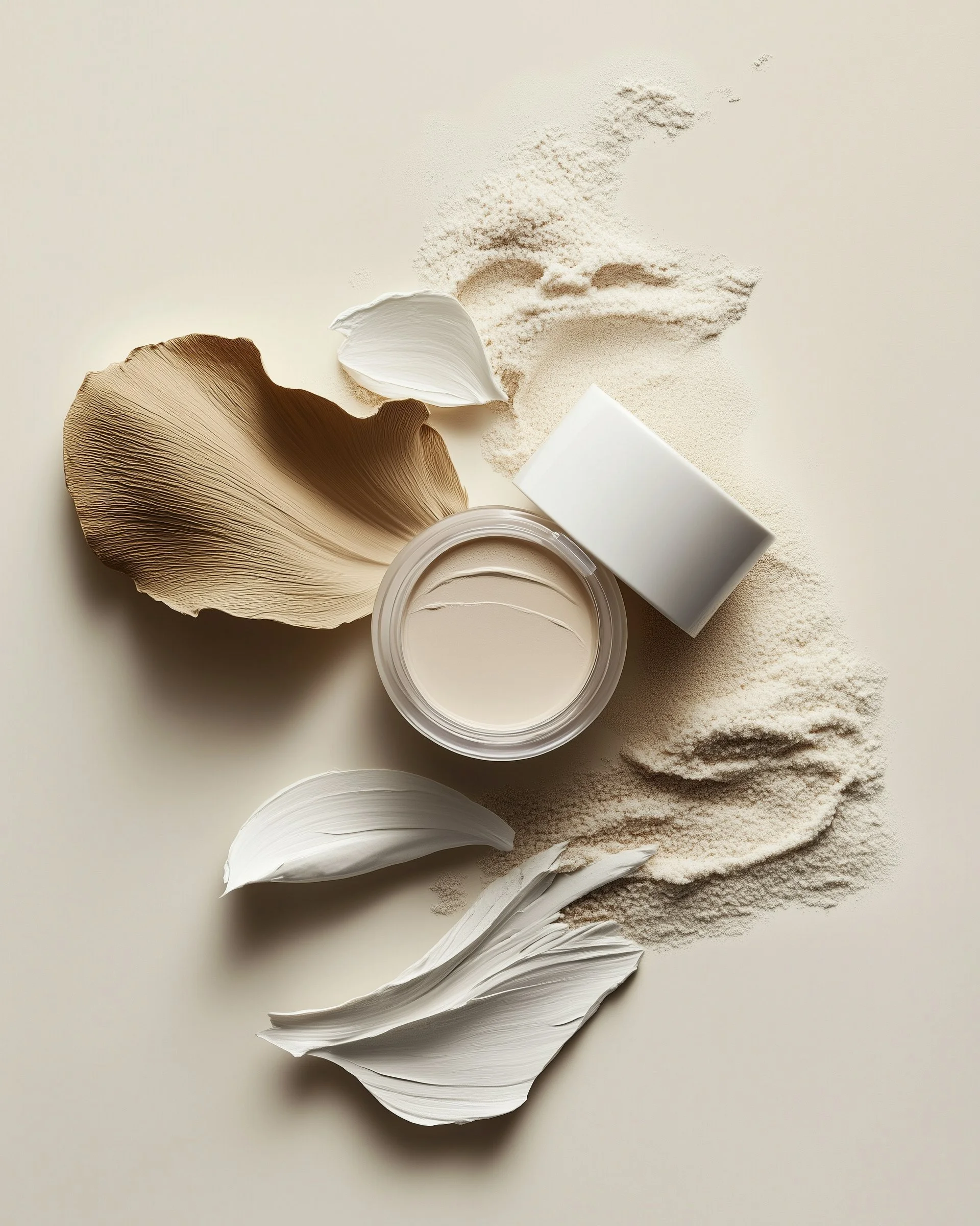 Open jar of cream, scattered white and beige petals, and powder on a light surface.