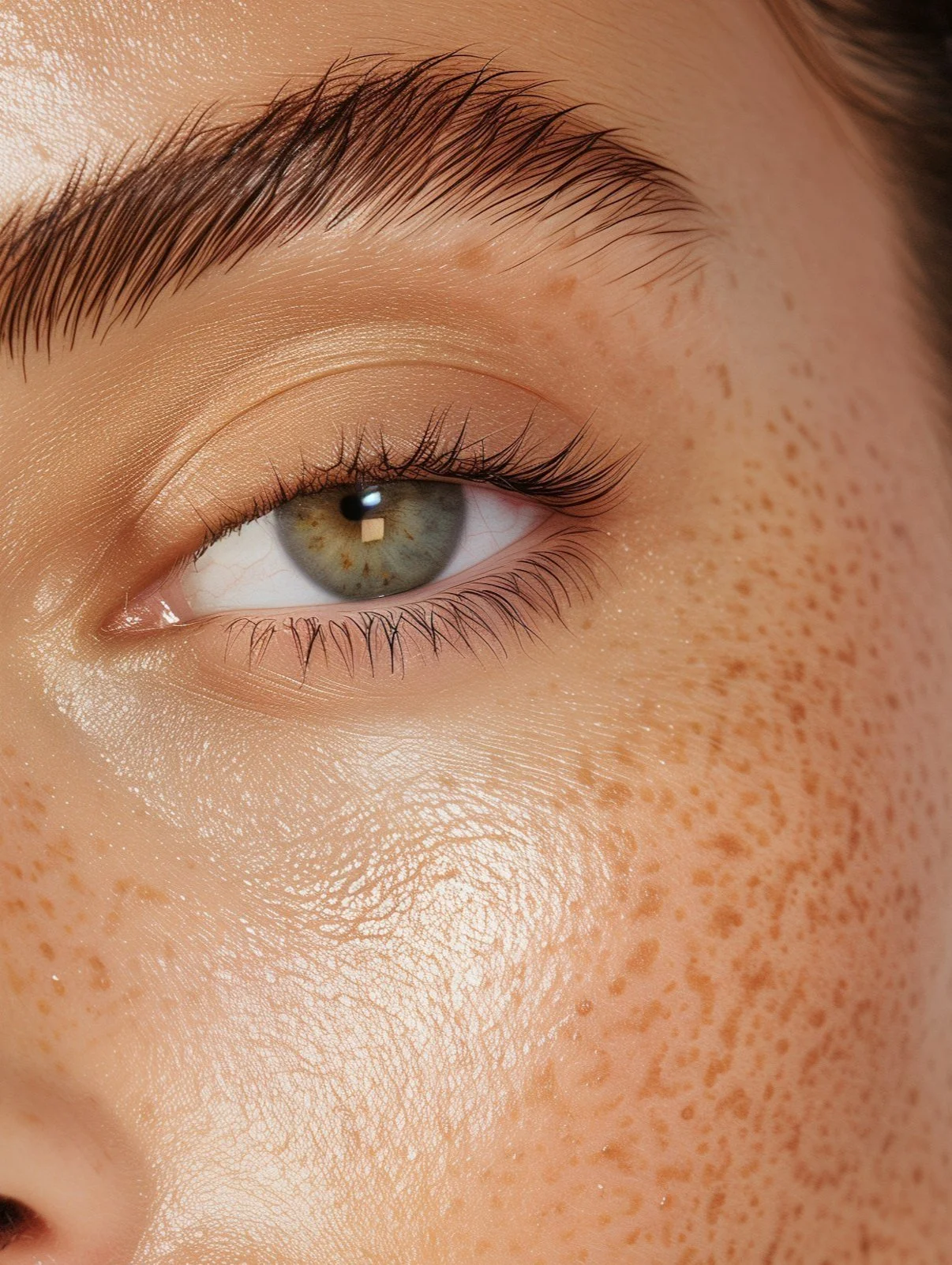 Close-up of a person's eye with light-colored iris and visible freckles on the skin surrounding the eye.