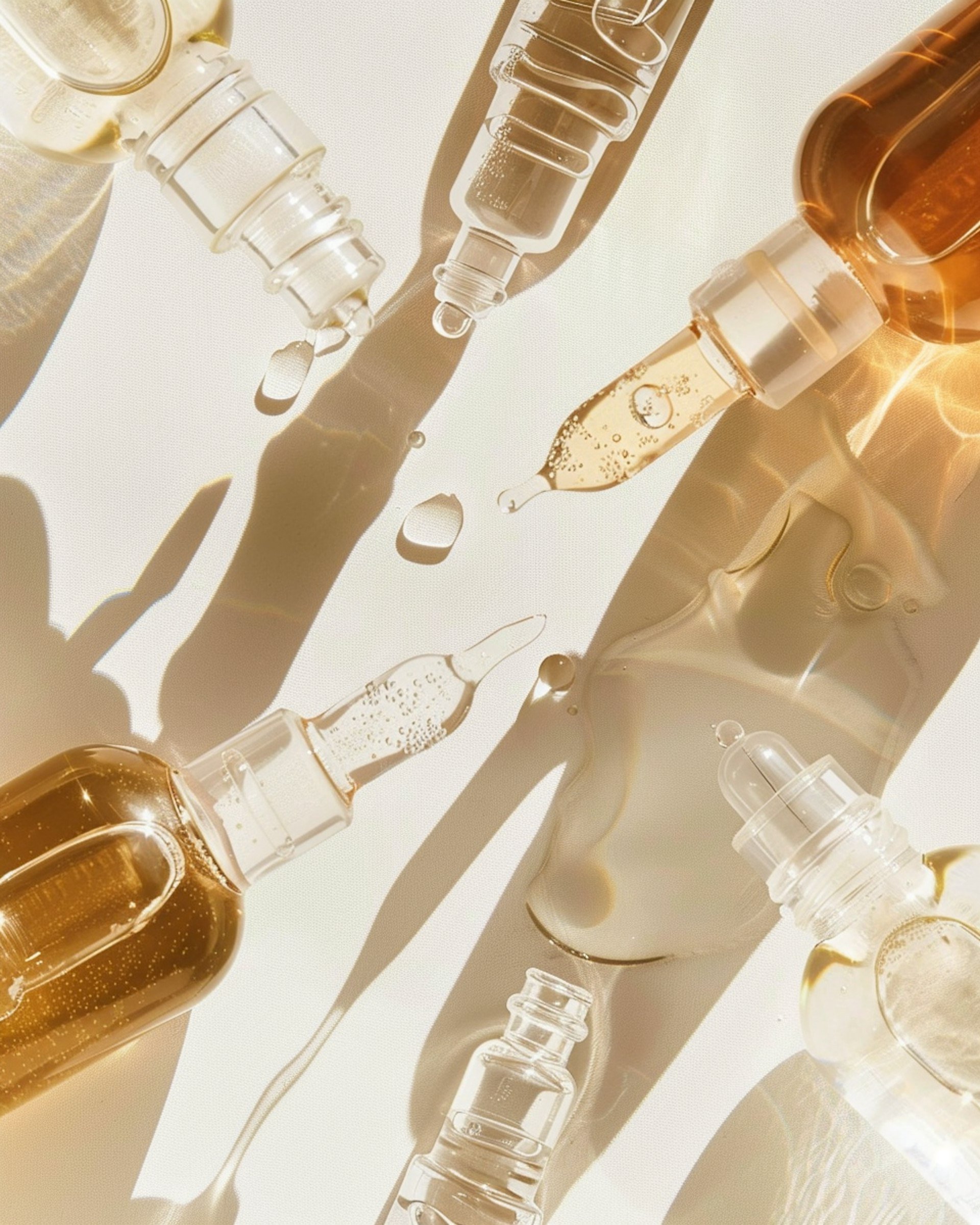 Assorted glass bottles and ampoules containing clear and amber liquids, arranged on a white surface with shadows and reflections.