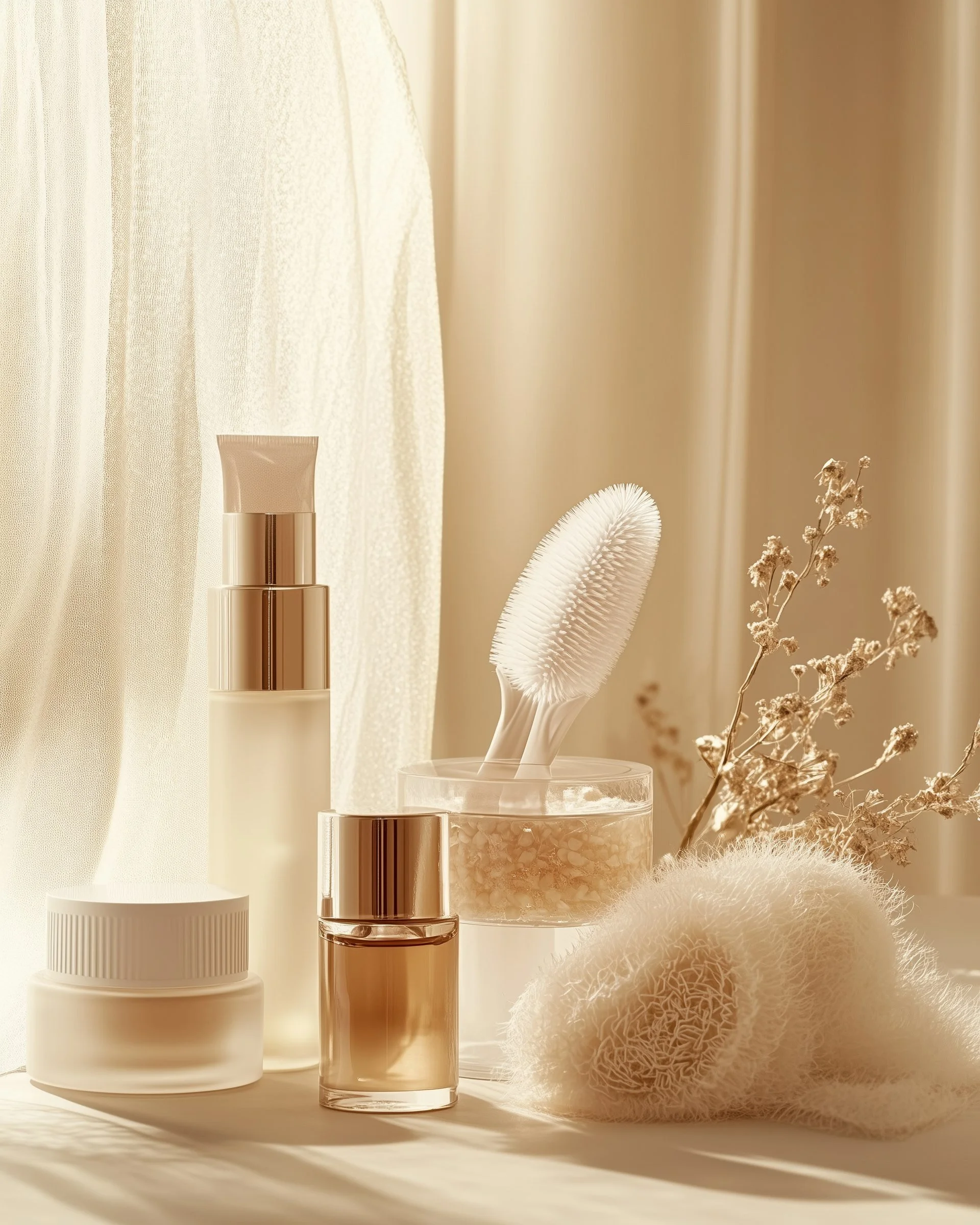 A collection of skincare and beauty products on a light-colored surface, including lotion, a jar, perfume, a body puff, a cleansing brush in a transparent container, dried flowers, and a decorative soft item, all bathed in warm natural light.