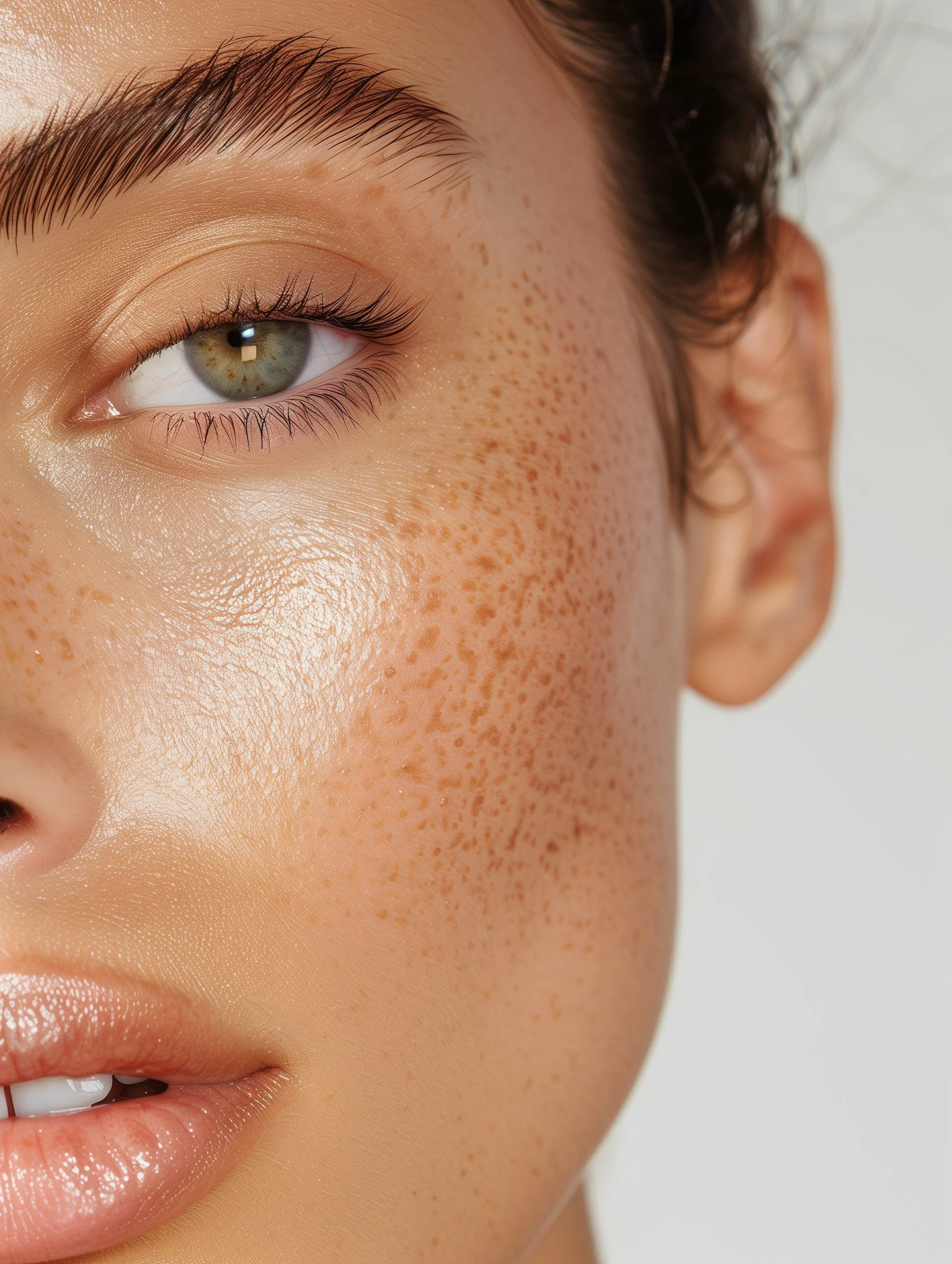 Close-up of a woman's face, focusing on her right eye, cheek, and lips, with visible freckles and natural makeup.