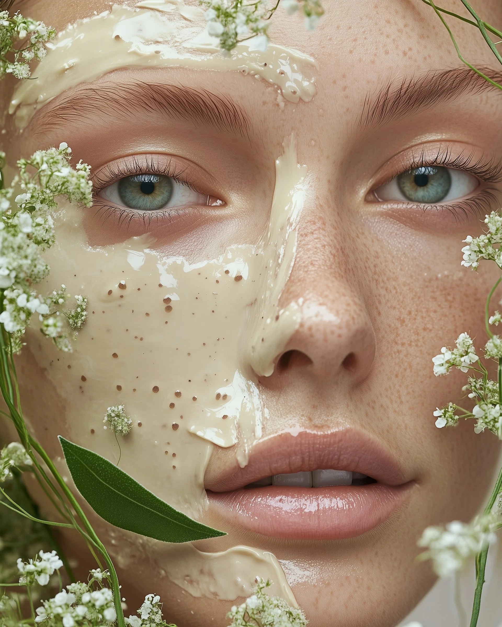 Close-up of a woman’s face with a cream facial mask applied on the left side, surrounded by white flowers and green leaves.