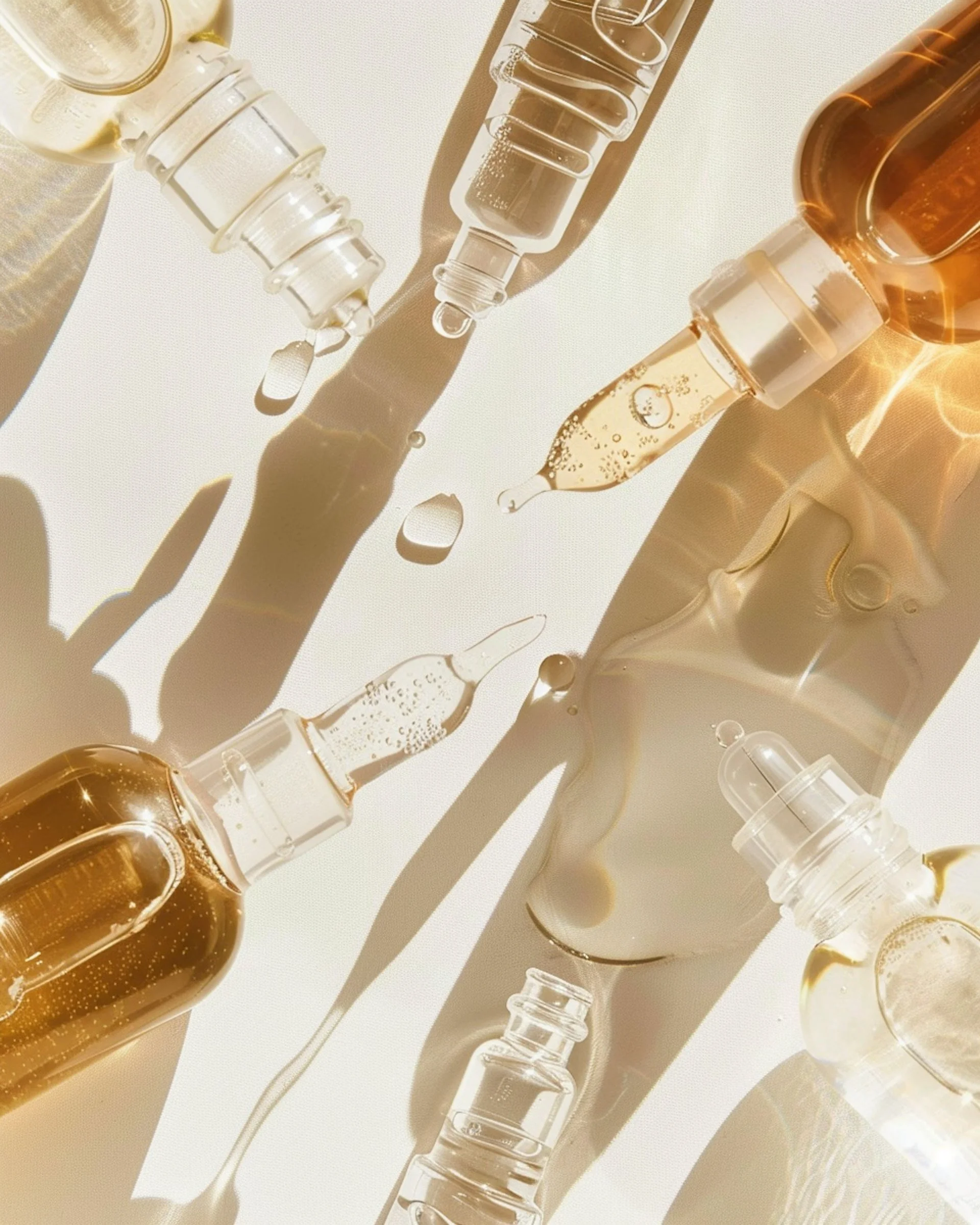 Assorted glass vials and ampoules with various liquids, some with bubbles, casting shadows on a light background.
