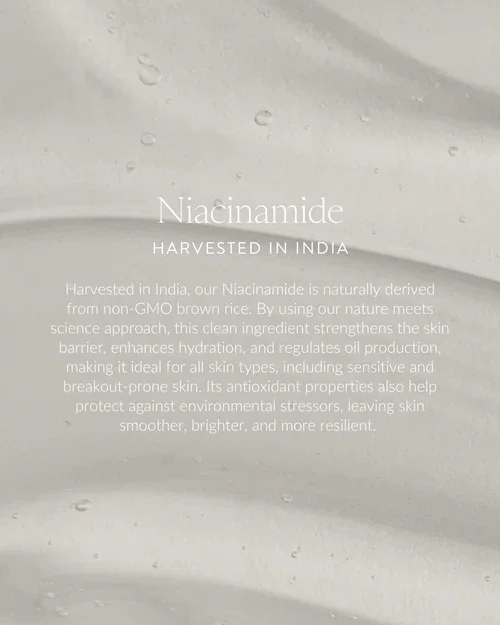 Text describing niacinamide, harvested in India, its natural derivation from non-GMO brown rice, and its skin benefits such as strengthening the skin barrier, enhancing hydration, regulating oil production, and protecting against environmental stressors.