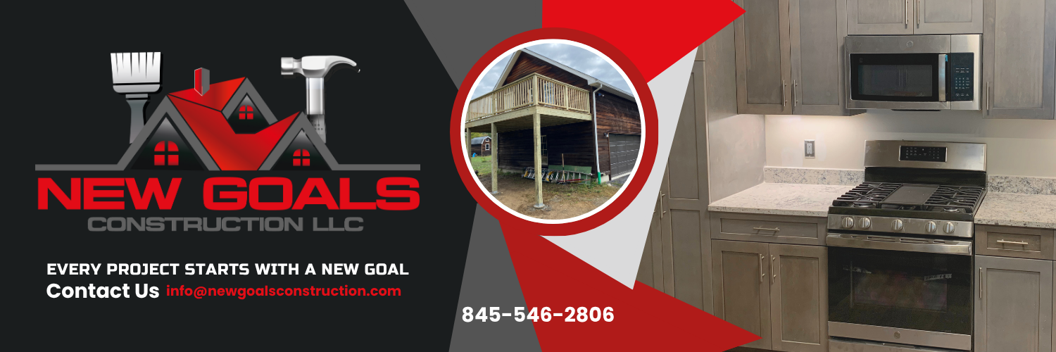 Business advertisement for New Goals Construction LLC featuring a logo with house imagery, a photo of a wooden deck, and an interior kitchen with gray cabinets and stainless steel appliances.