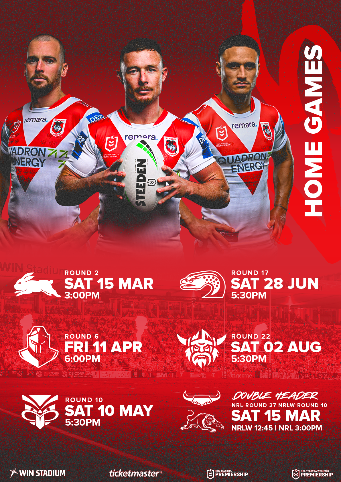 Promotional poster for rugby matches featuring three rugby players in red and white jerseys; the player in the center is holding a rugby ball and the poster highlights upcoming game dates and times, with team logos and the phrase 'Home Games'.