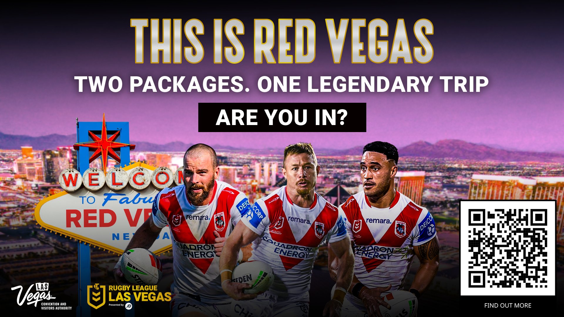 Promotional poster for a trip to Red Vegas featuring rugby players in team uniforms, the Las Vegas cityscape with the Welcome to Fabulous Las Vegas sign, and a QR code for more information.