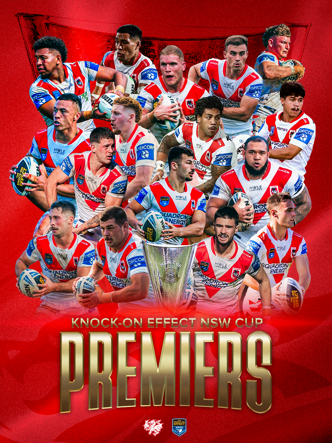 Collage of rugby players in red, white, and blue jerseys with a trophy, promoting the Knock-On Effect NSW Cup Premiers.