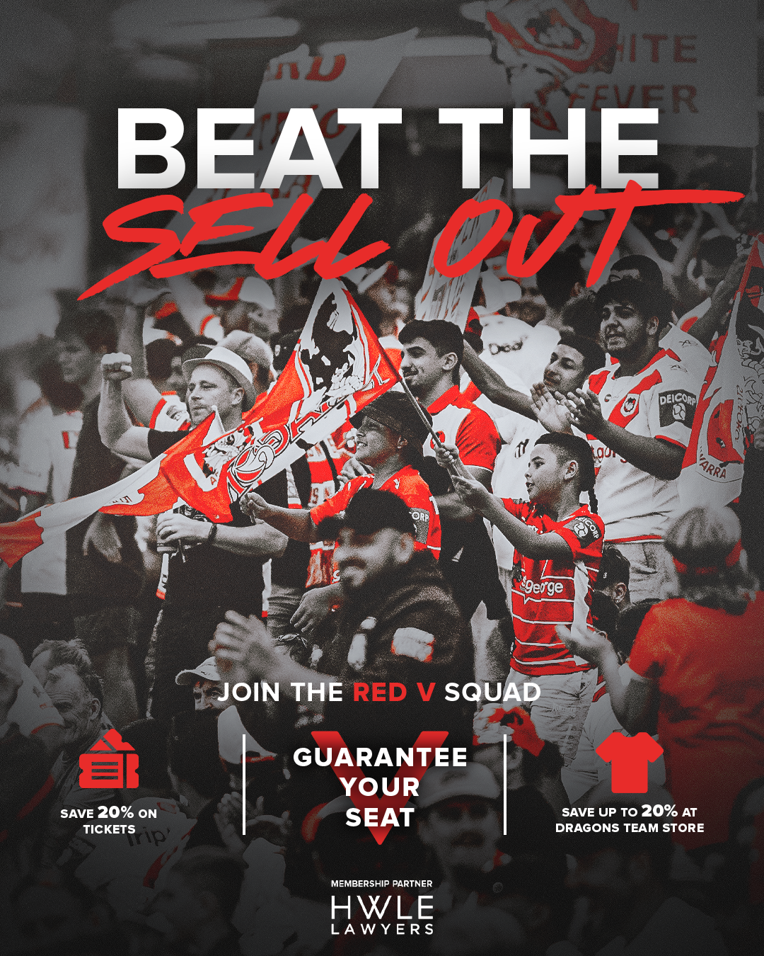A crowd of rugby fans in red and white team jerseys, waving flags and celebrating at a stadium, overlaid with promotional text for a rugby team called the Dragons, encouraging fans to join the red V squad and offering discounts on tickets and merchan