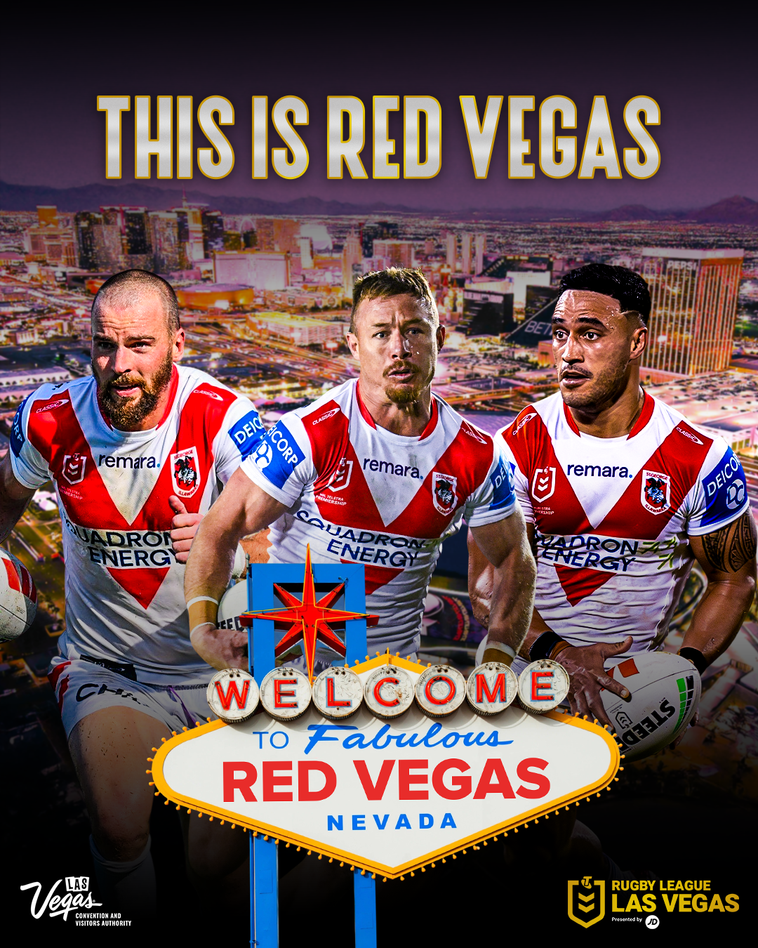 Promotional poster for Las Vegas featuring three rugby players in red and white uniforms running in front of the Las Vegas cityscape at night. The poster includes a sign that says 'Welcome to Fabulous Red Vegas Nevada,' and the top text reads 'This i